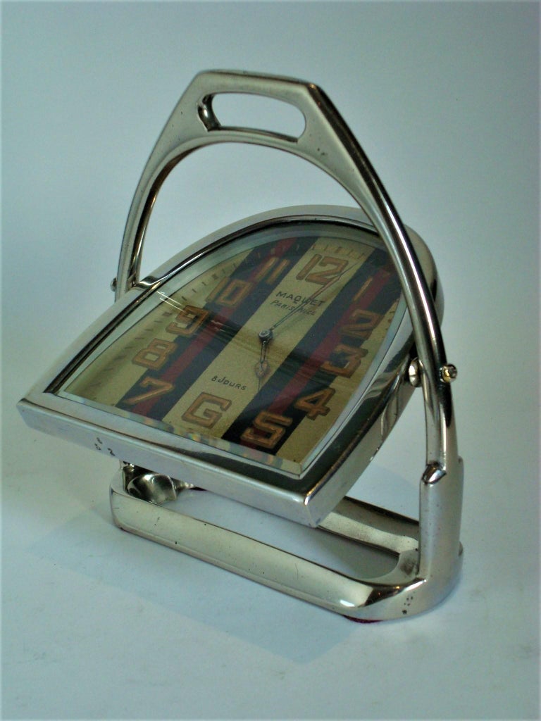 20th Century Luxury Vintage Stirrup Table Clock Maquet Paris, Nice 8 Jours, France, 1940s For Sale