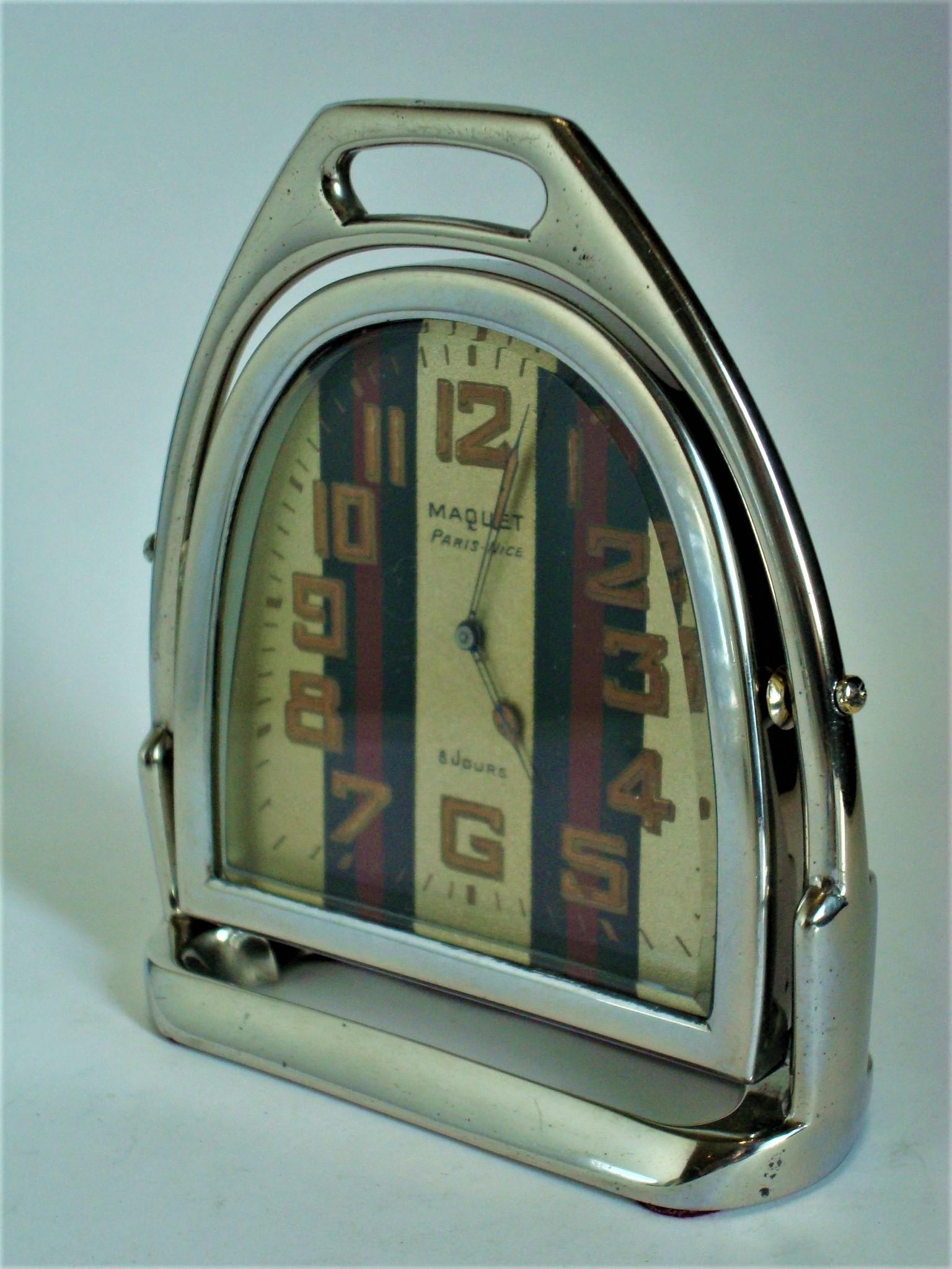 Metal Luxury Vintage Stirrup Table Clock Maquet Paris, Nice 8 Jours, France, 1940s For Sale