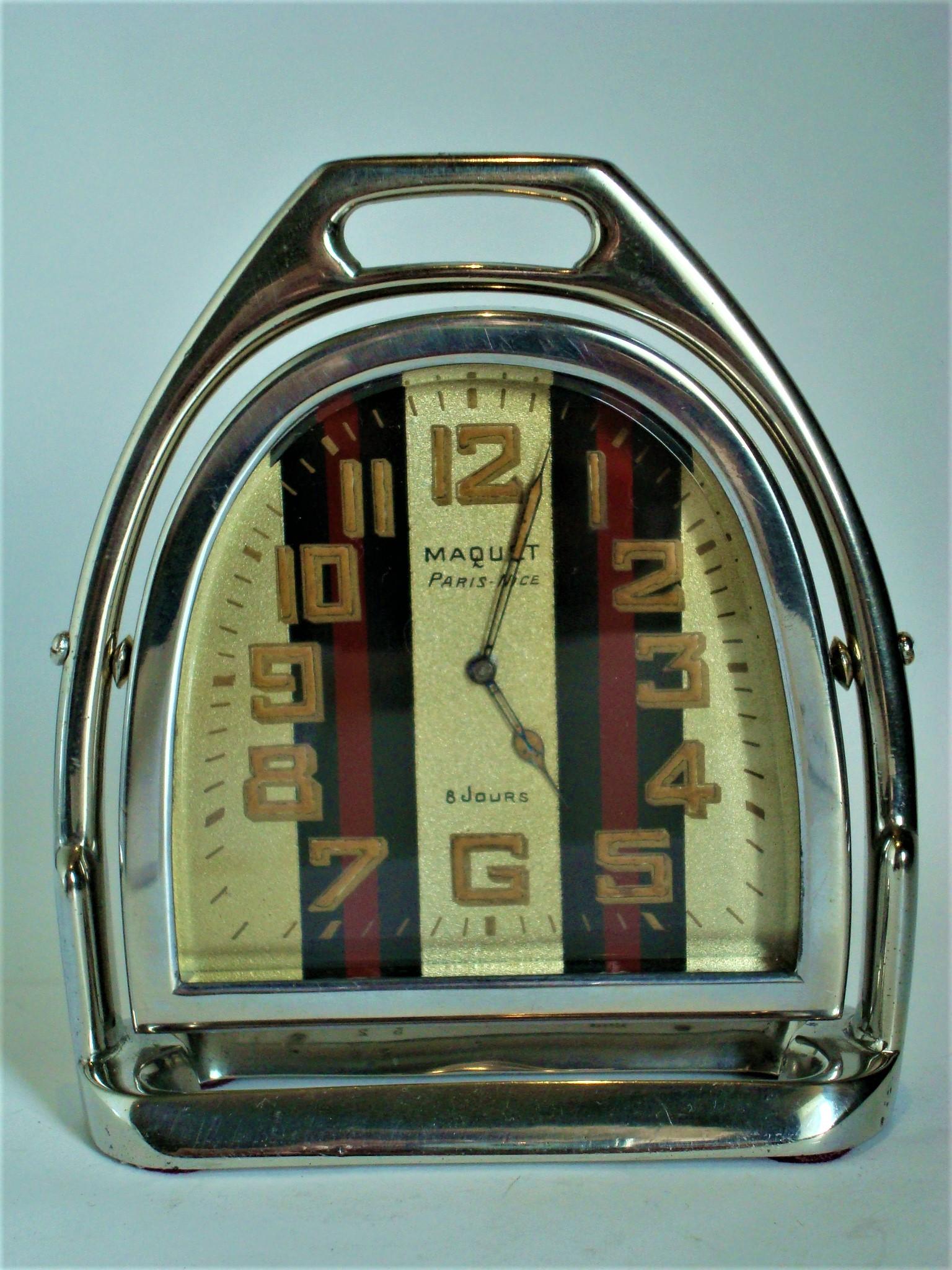 Luxury Vintage Stirrup Table Clock Maquet Paris, Nice 8 Jours, France, 1940s For Sale 1