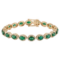 Luxury Vintage Style 8.55ct Emerald Diamond Halo Tennis Bracelet 18K Yellow Gold