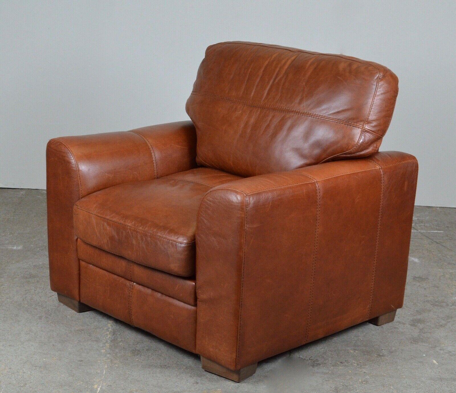 Luxury Viva Italian Designer Tan Leather Armchair & Footstool 2 Seater Sofa Ava 2