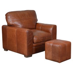 Luxury Viva Italian Designer Tan Leather Armchair & Footstool 2 Seater Sofa Ava