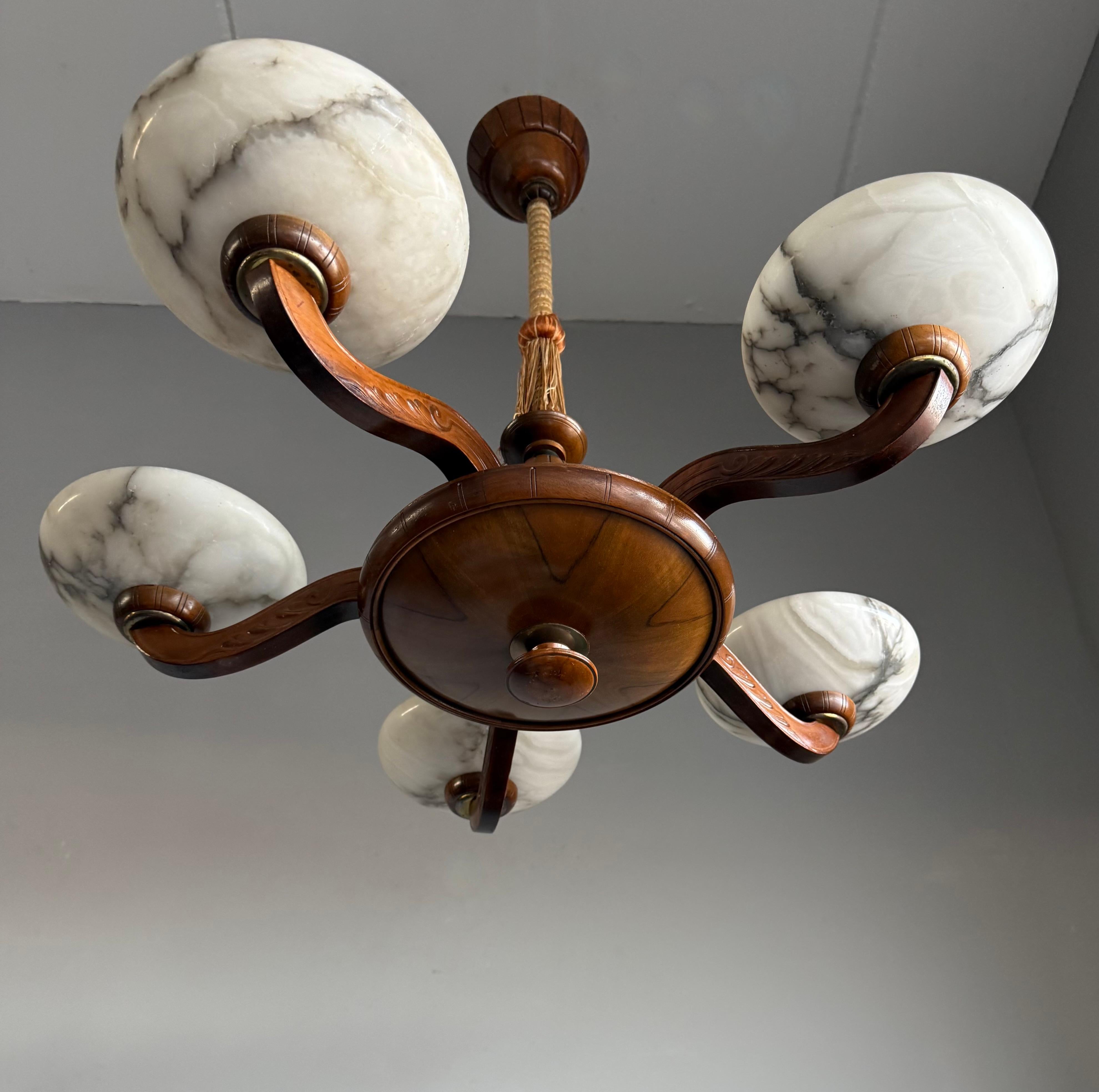 Luxury Wooden Art Deco Chandelier / Pendant with Five Unique Alabaster Shades 8