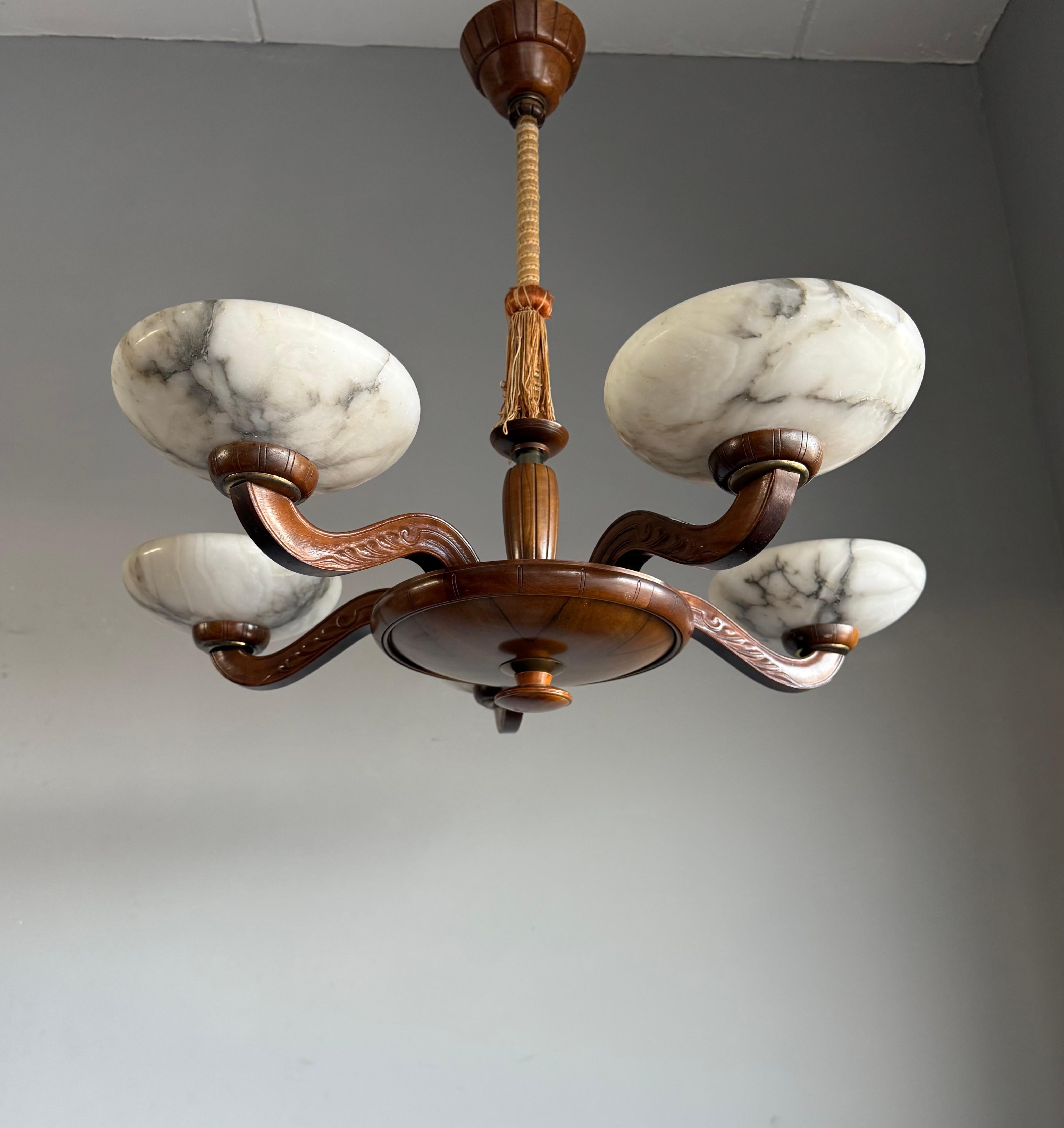 Luxury Wooden Art Deco Chandelier / Pendant with Five Unique Alabaster Shades 9