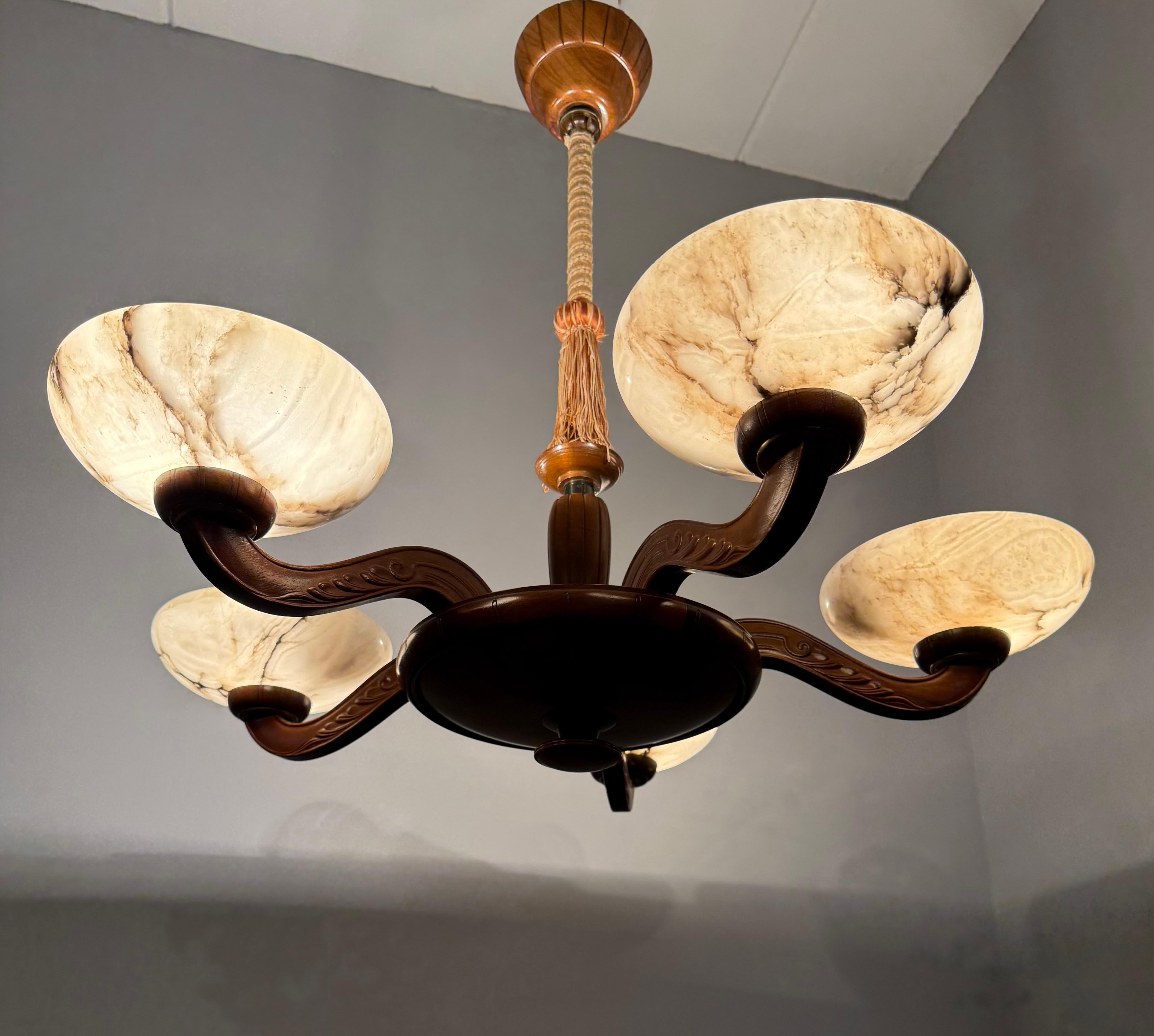 Luxury Wooden Art Deco Chandelier / Pendant with Five Unique Alabaster Shades 11