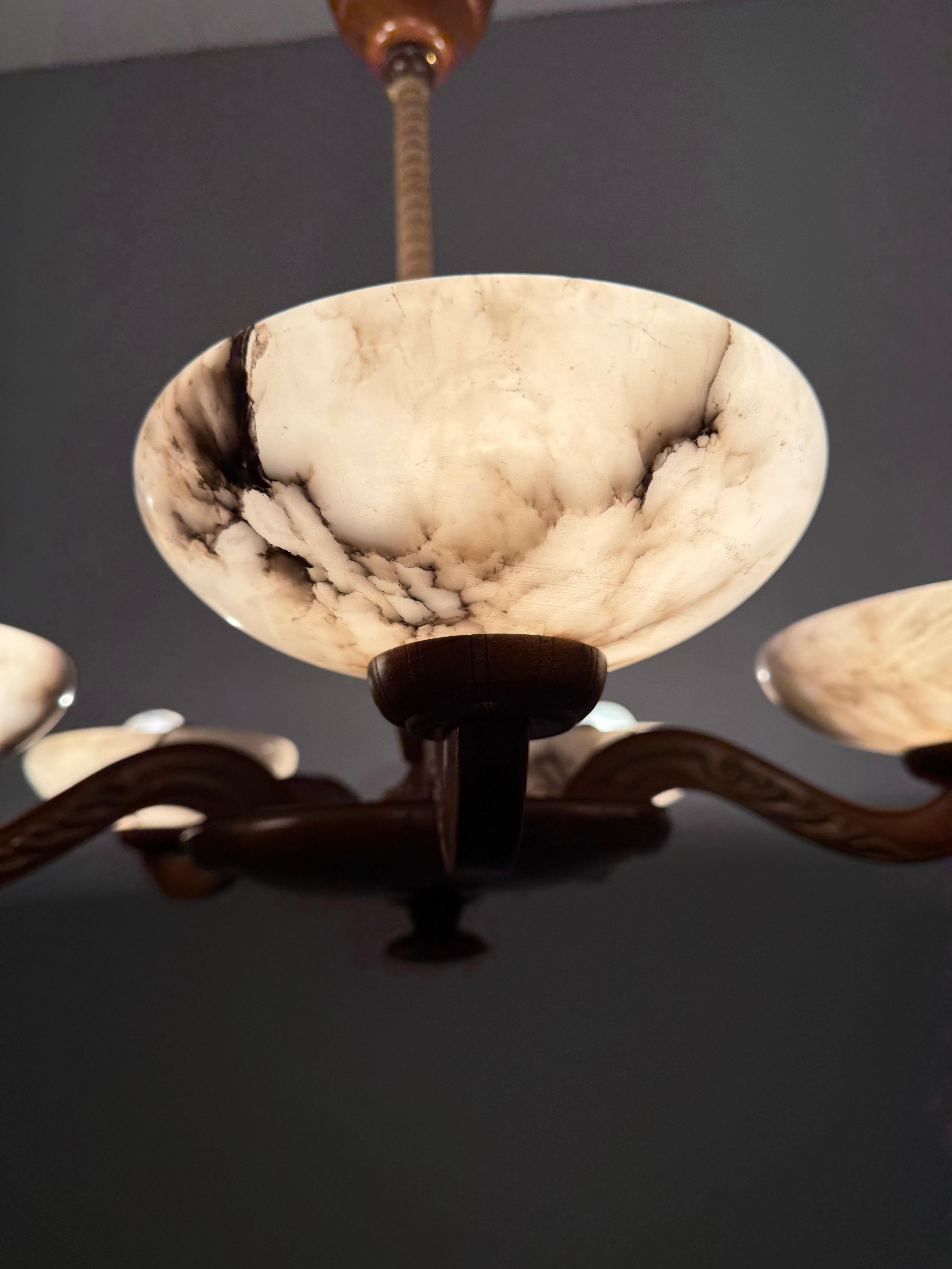 Luxury Wooden Art Deco Chandelier / Pendant with Five Unique Alabaster Shades 12