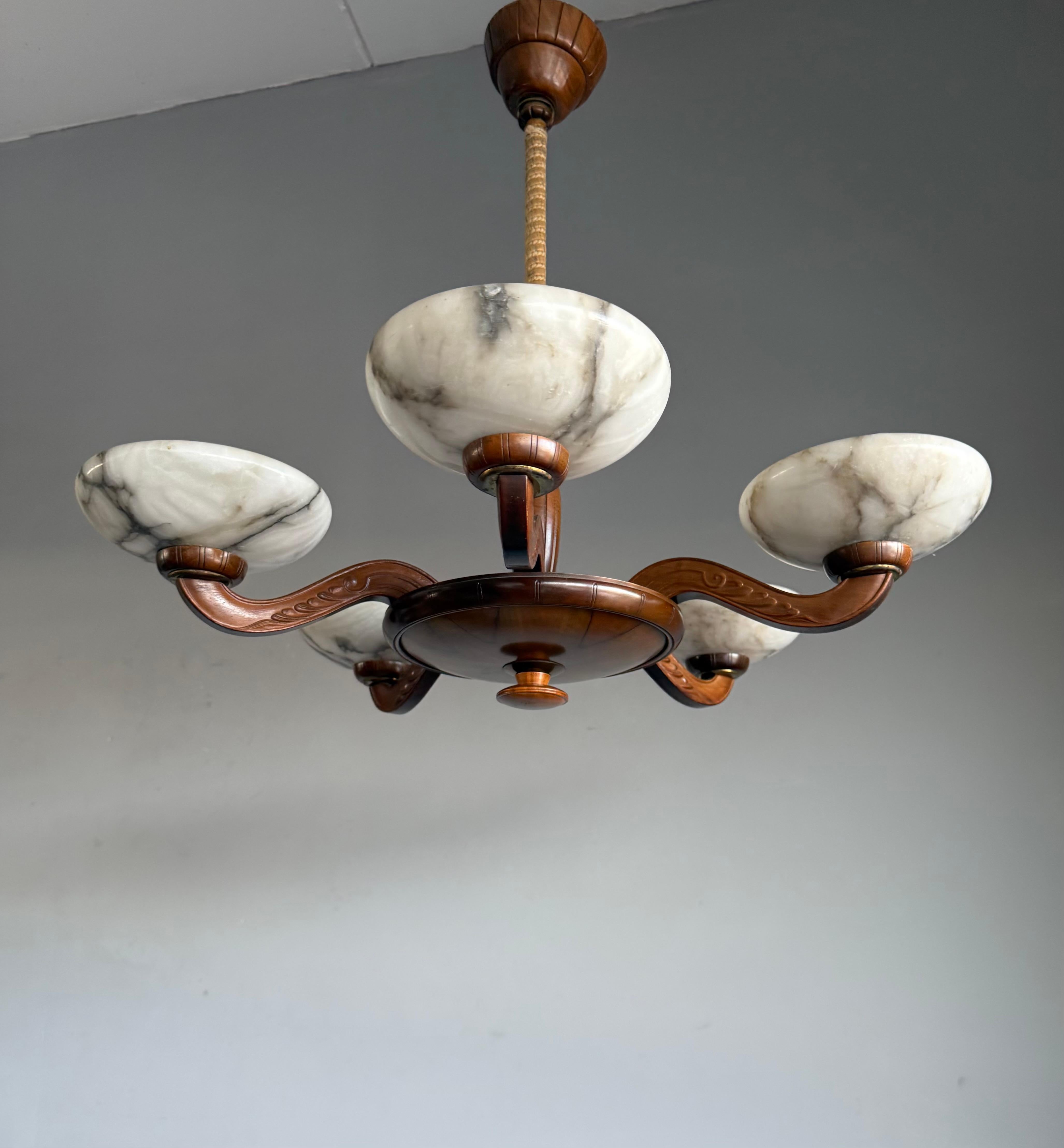 European Luxury Wooden Art Deco Chandelier / Pendant with Five Unique Alabaster Shades