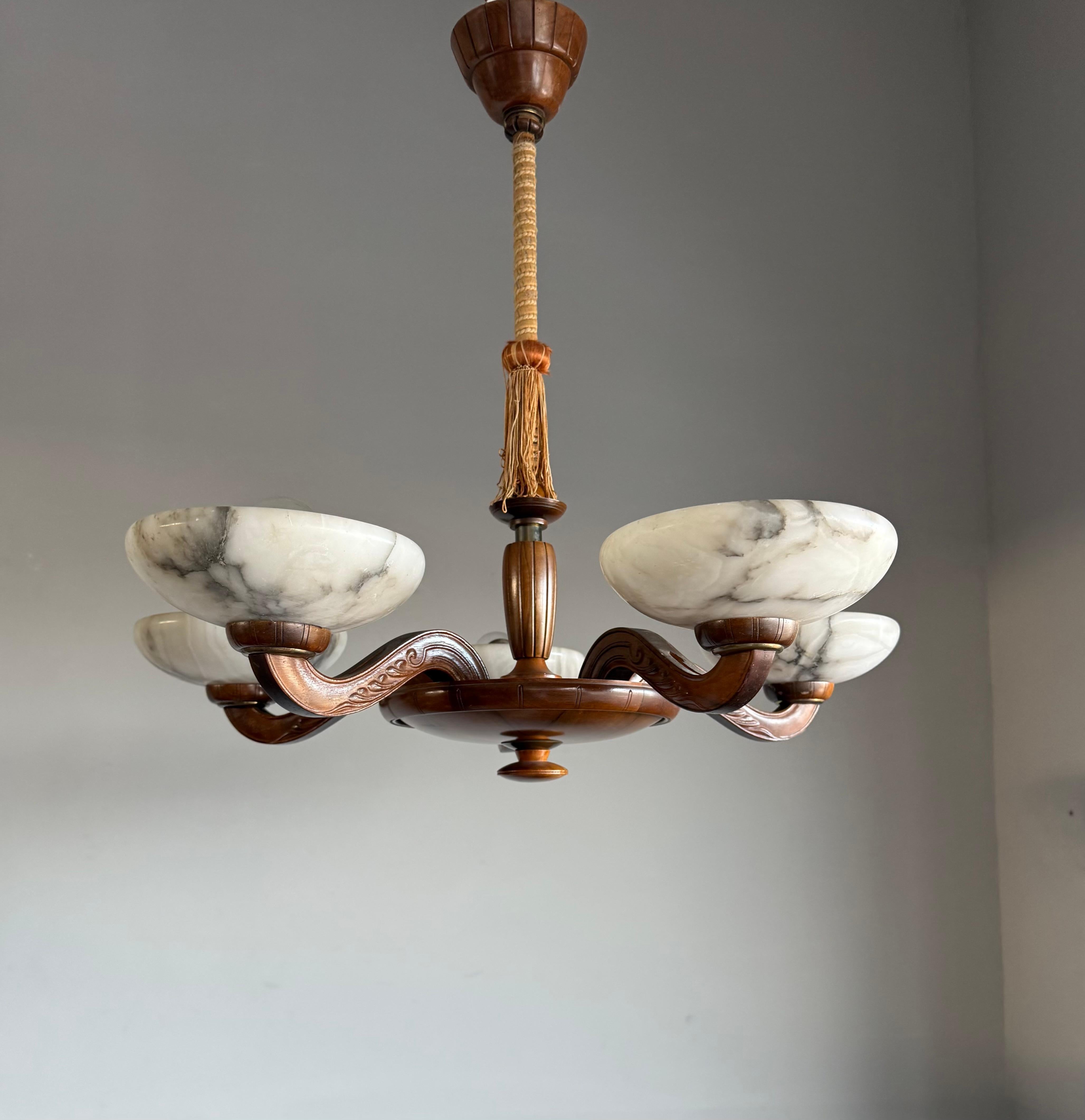 Hand-Knotted Luxury Wooden Art Deco Chandelier / Pendant with Five Unique Alabaster Shades