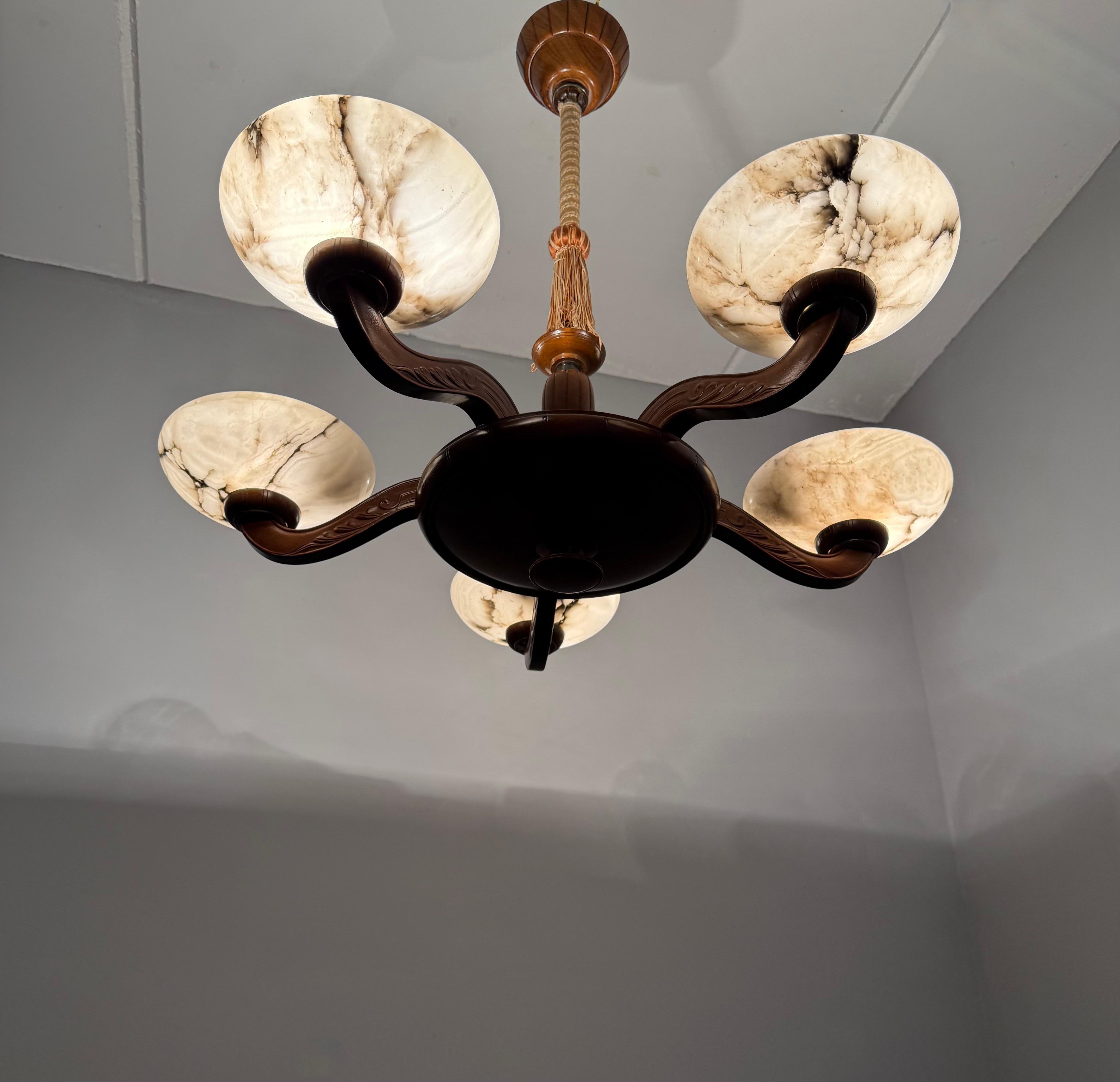 Luxury Wooden Art Deco Chandelier / Pendant with Five Unique Alabaster Shades In Excellent Condition In Lisse, NL