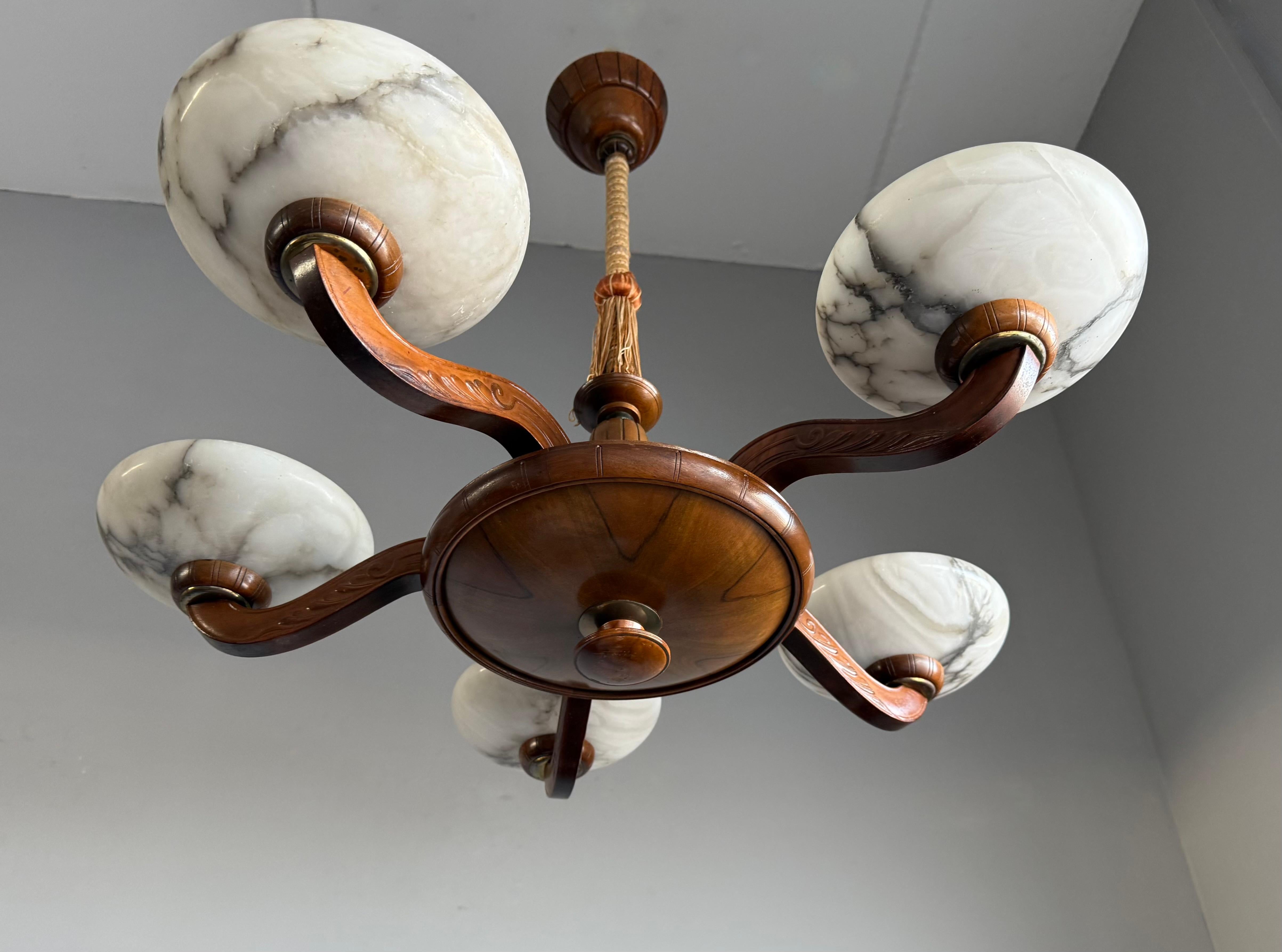 20th Century Luxury Wooden Art Deco Chandelier / Pendant with Five Unique Alabaster Shades