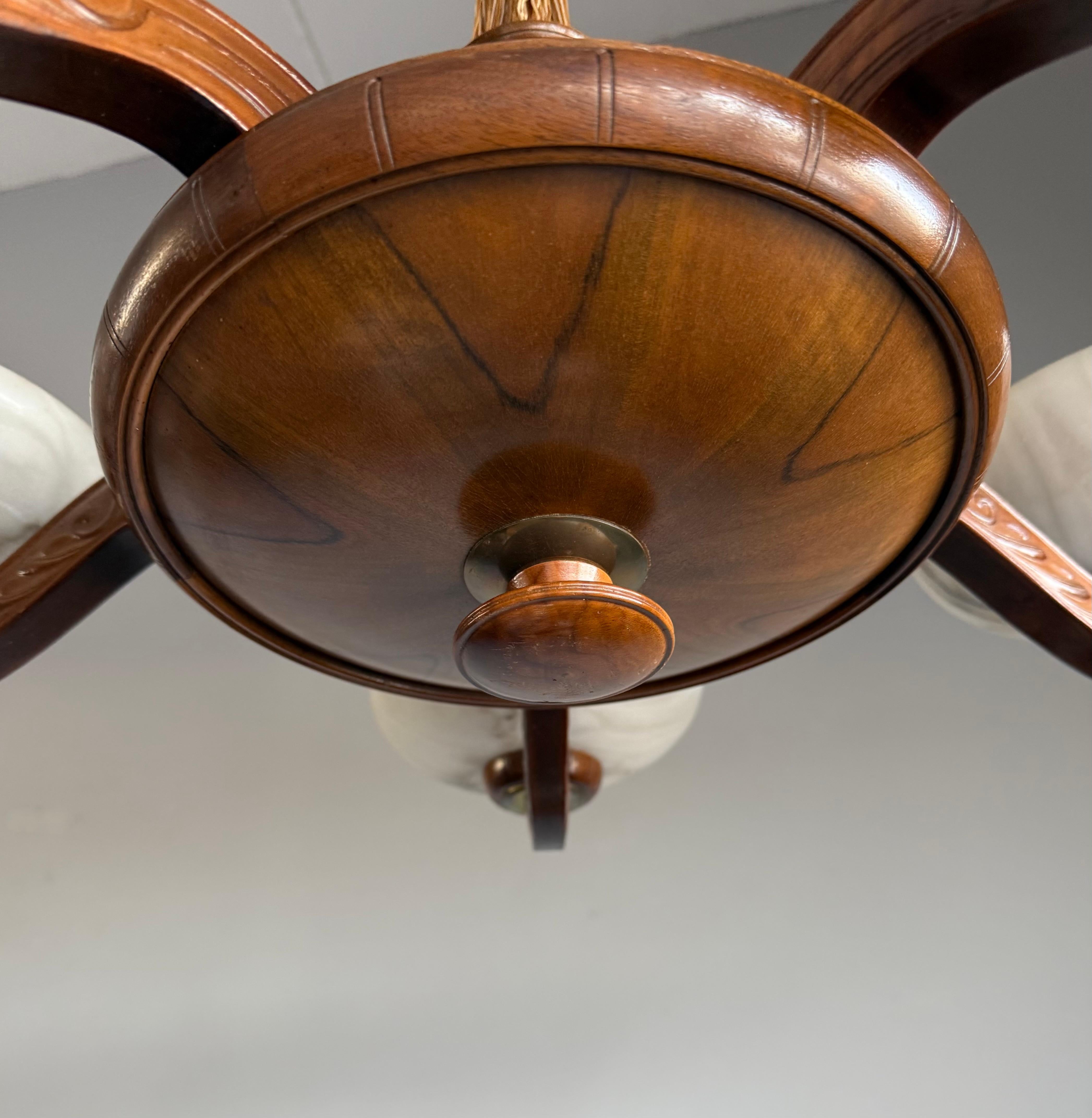 Nutwood Luxury Wooden Art Deco Chandelier / Pendant with Five Unique Alabaster Shades