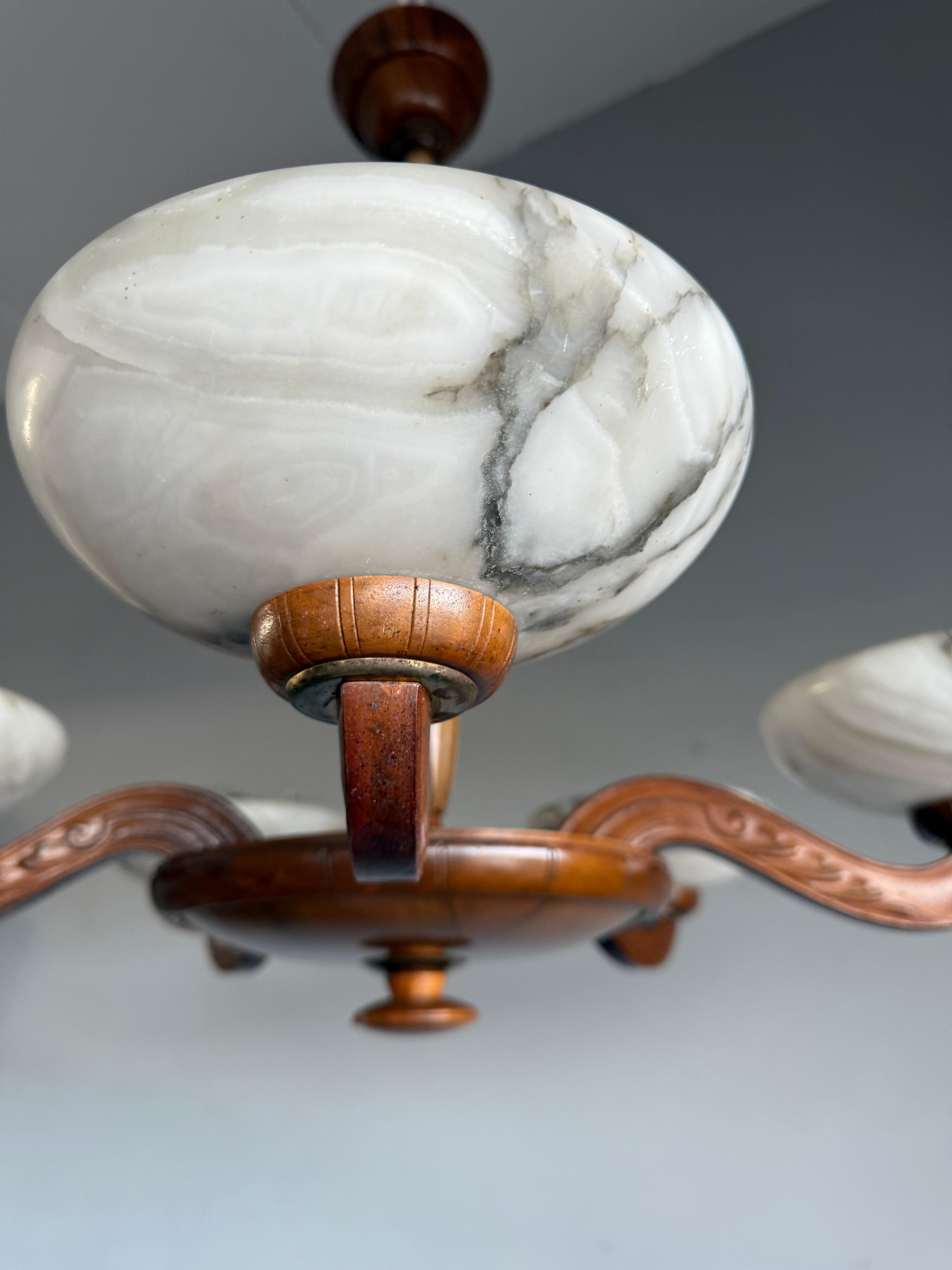 Luxury Wooden Art Deco Chandelier / Pendant with Five Unique Alabaster Shades 2