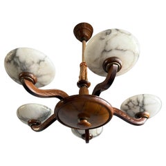 Luxury Wooden Art Deco Chandelier / Pendant with Five Unique Alabaster Shades