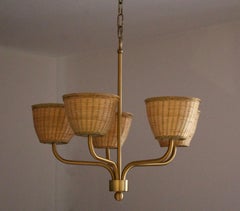 Luxus, Chandelier Light, Brass, Rattan, Sweden, 1970s
