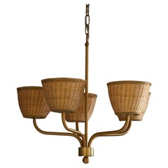 Luxus, Chandelier Light, Brass, Rattan, Sweden, 1970s