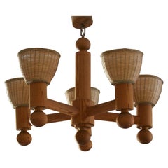 Luxus, Chandelier Light, Solid Pine, Rattan, Sweden, 1970s