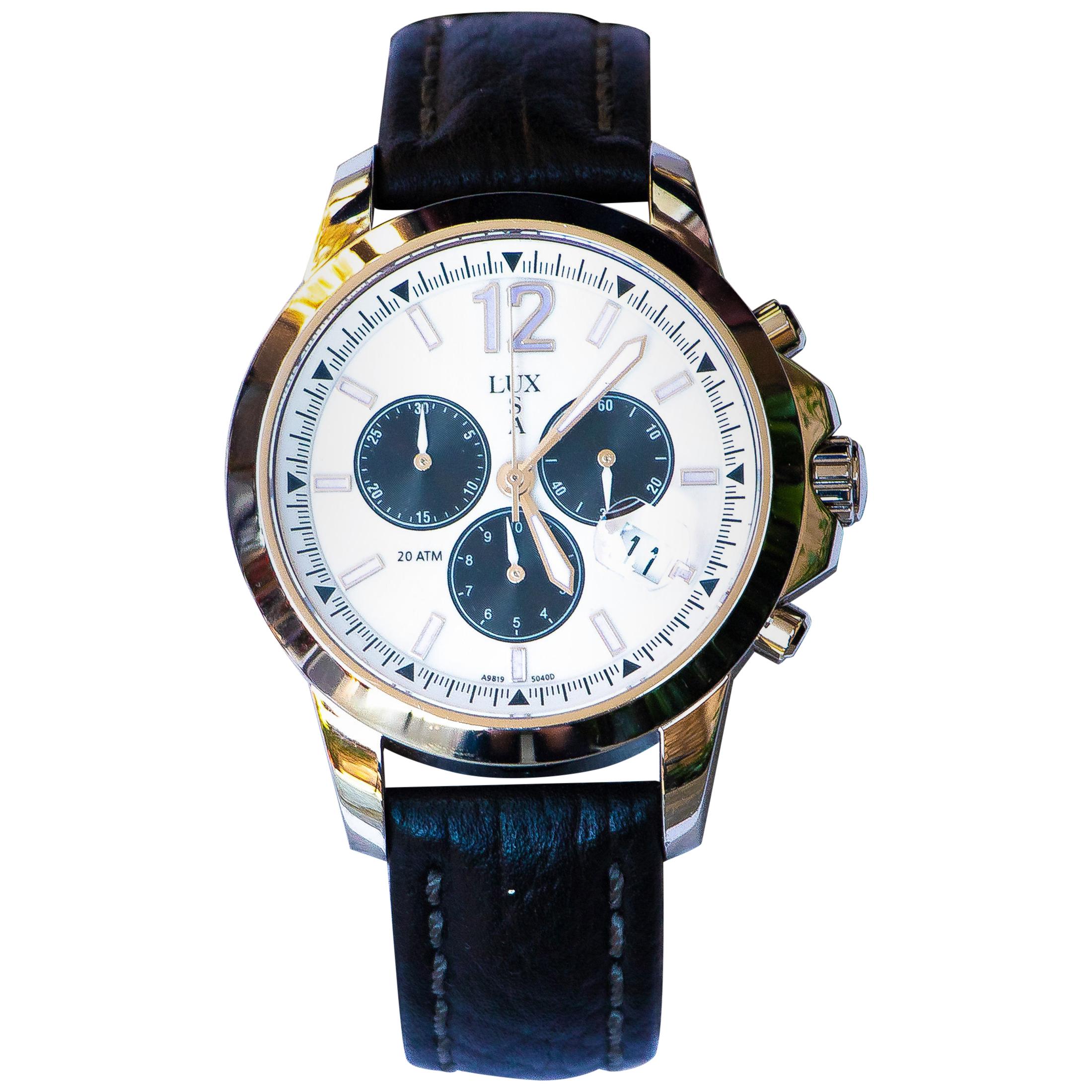 LUXUSA Stainless Steel Sapphire Crystal Chronograph Leather Strap Watch For Sale