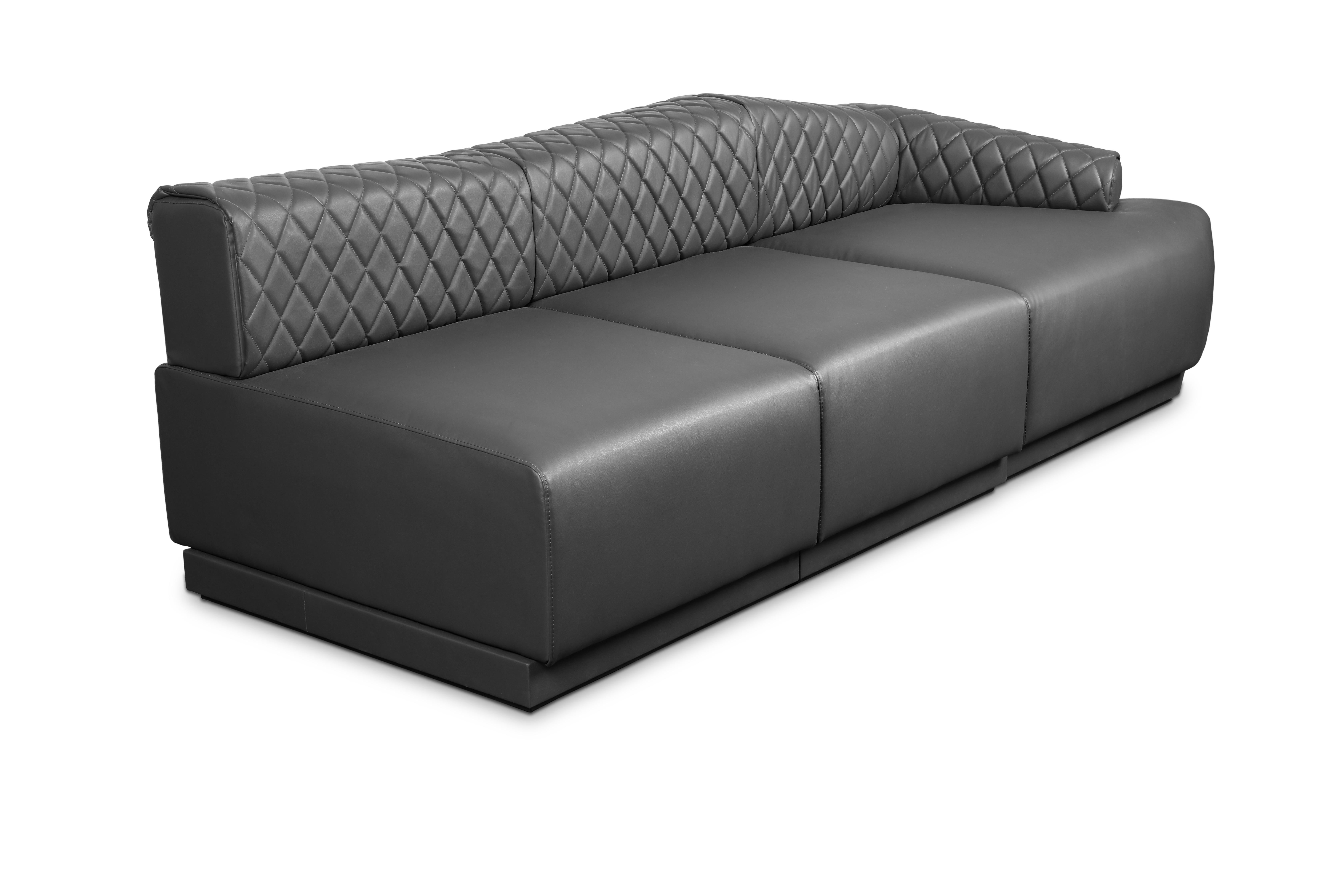 Anguis Sofa in Grey Synthetic Leather with Quilted Backrest and Wood Base For Sale 4