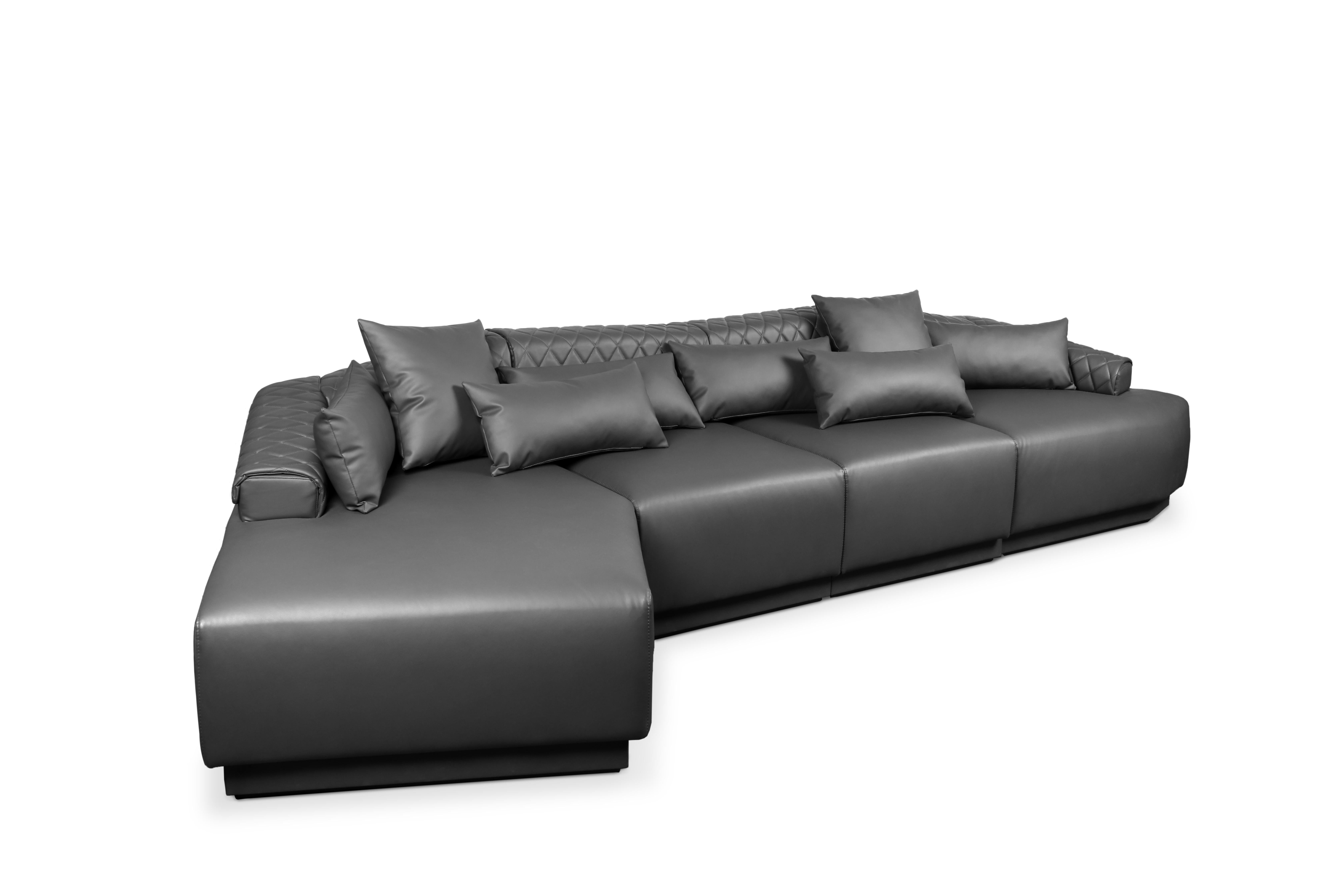 Sofa vonuis aus grauem synthetischem Leder mit gesteppter Rückenlehne und Holzsockel (Portugiesisch) im Angebot