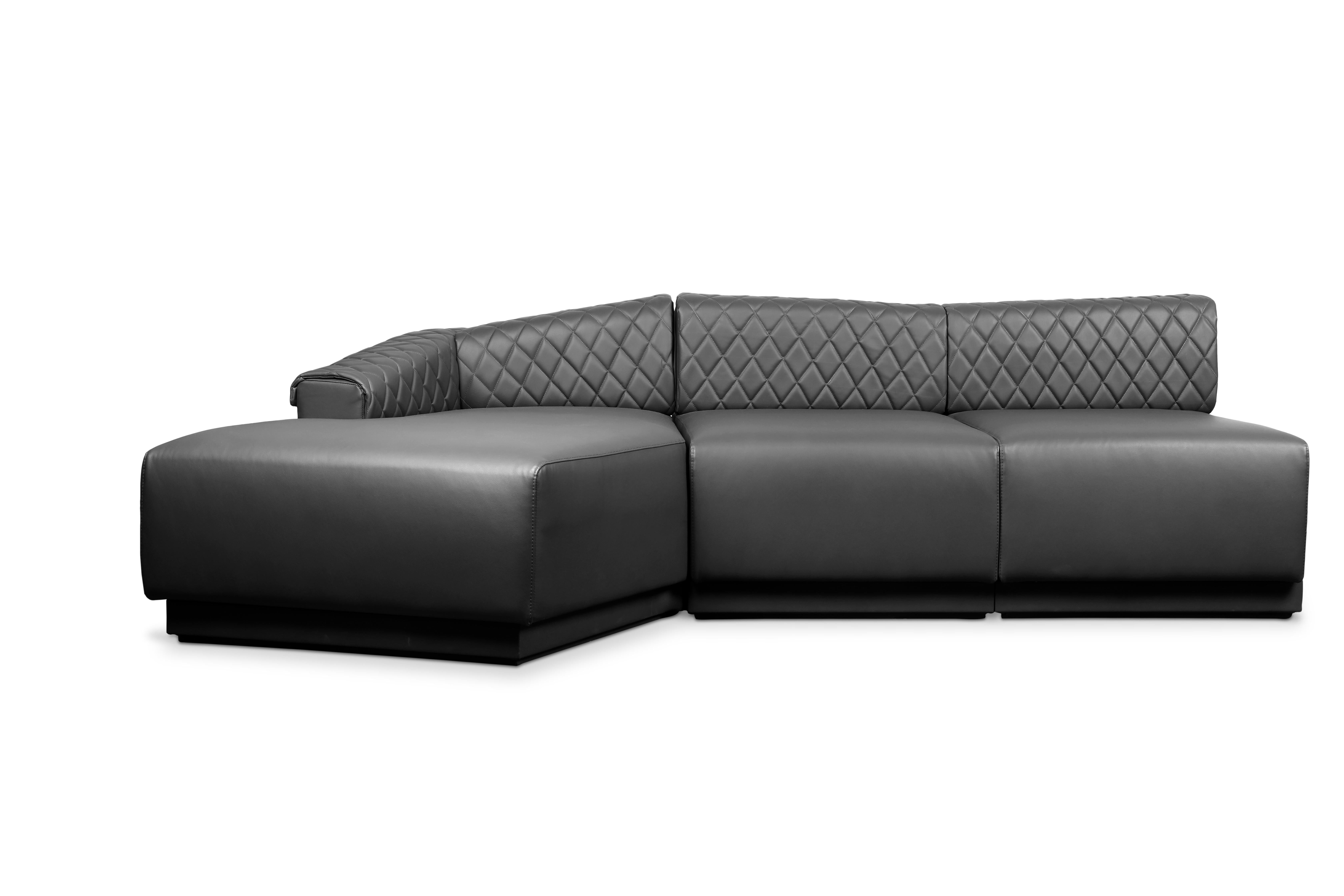 Portuguese Anguis Sofa in Grey Synthetic Leather with Quilted Backrest and Wood Base For Sale