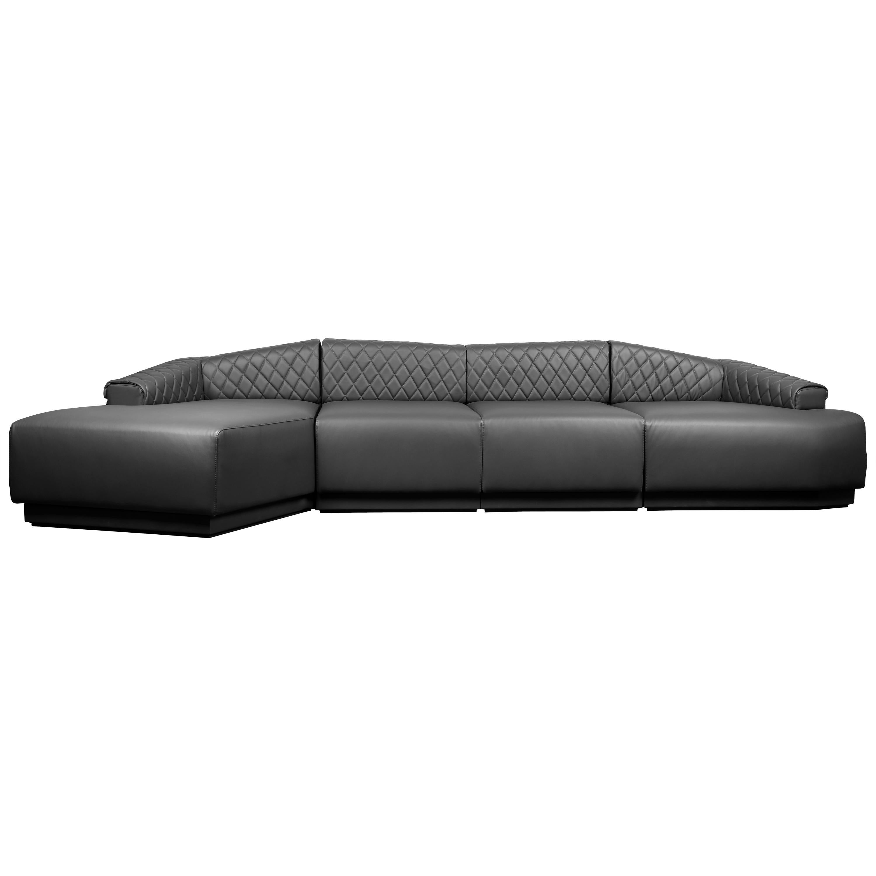 Anguis Sofa in Grey Synthetic Leather with Quilted Backrest and Wood Base For Sale