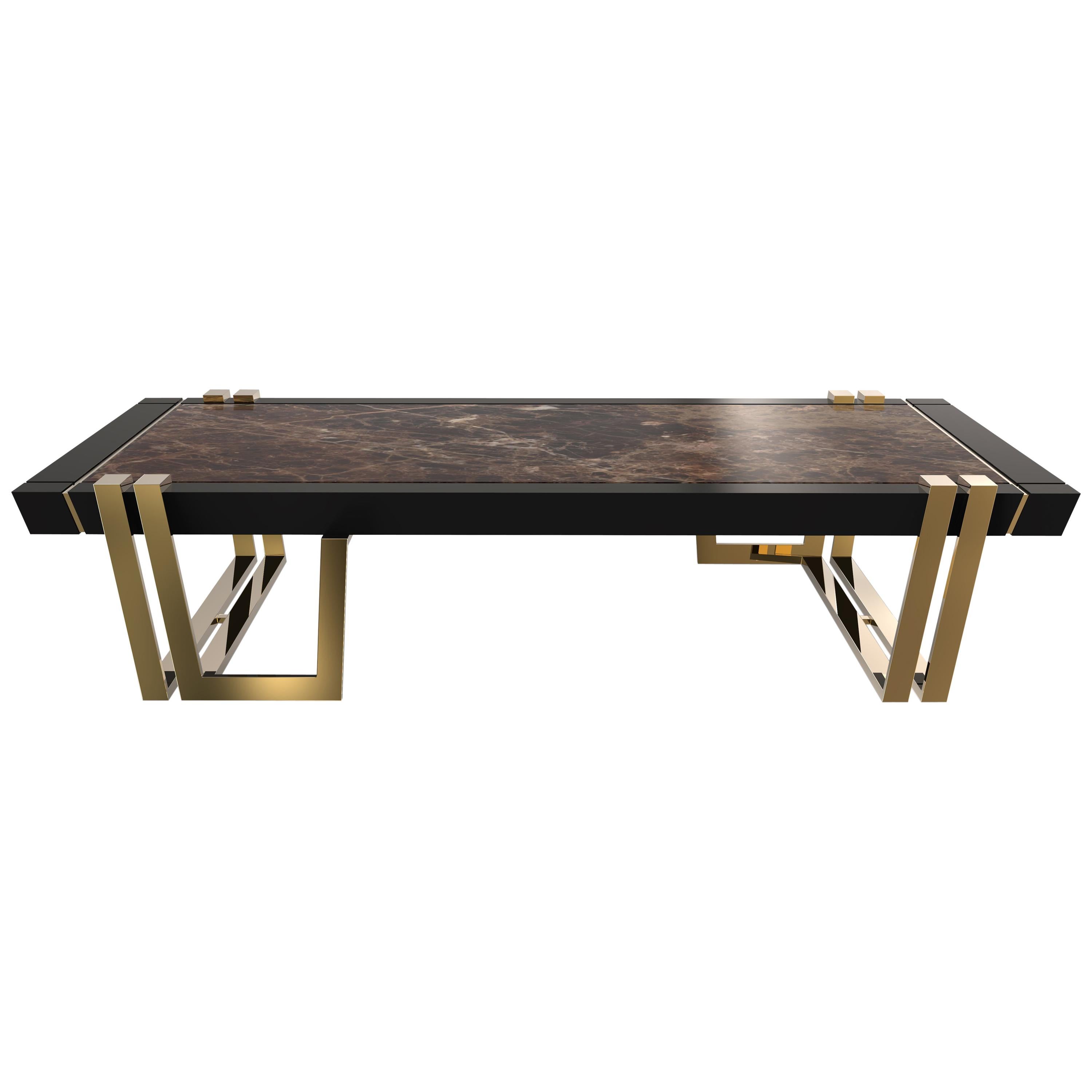 Luxxu Apotheosis Center Table in Emperador Dark Marble with Brass Details For Sale
