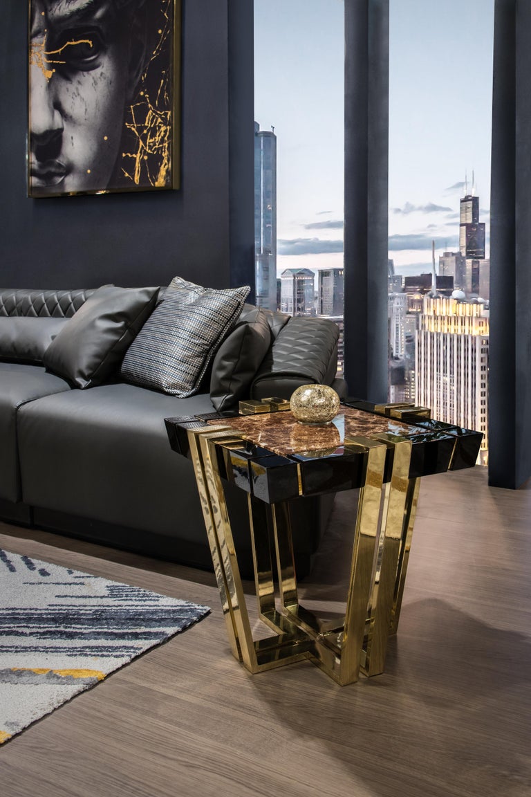 Apotheosis Square Side Table In Emperador Marble With Brass And Wood Base
