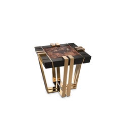 Apotheosis Square Side Table in Emperador Marble with Brass and Wood Base