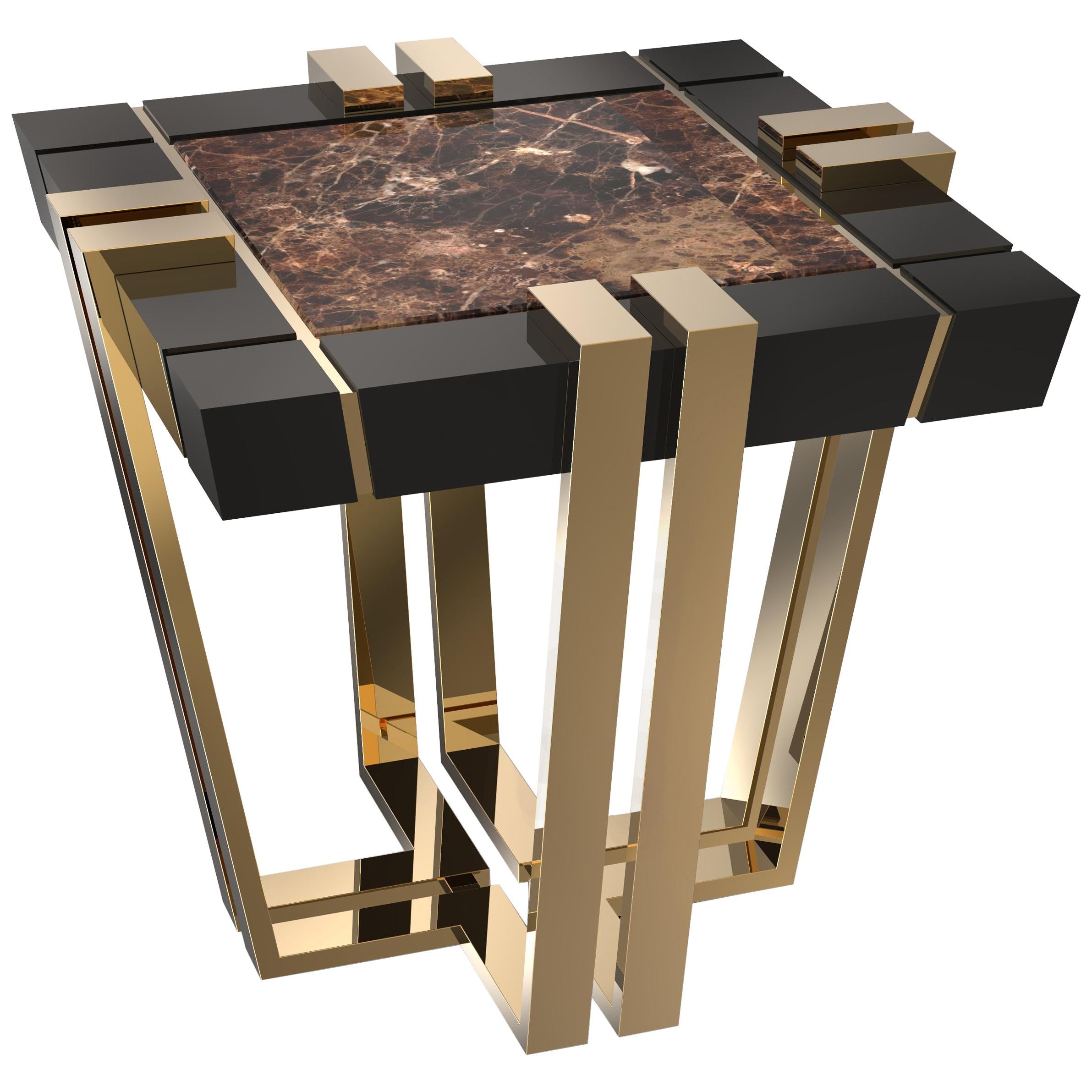 Apotheosis Square Side Table in Emperador Marble with Brass and Wood Base For Sale