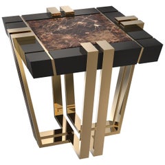 Apotheosis Square Side Table in Emperador Marble with Brass and Wood Base