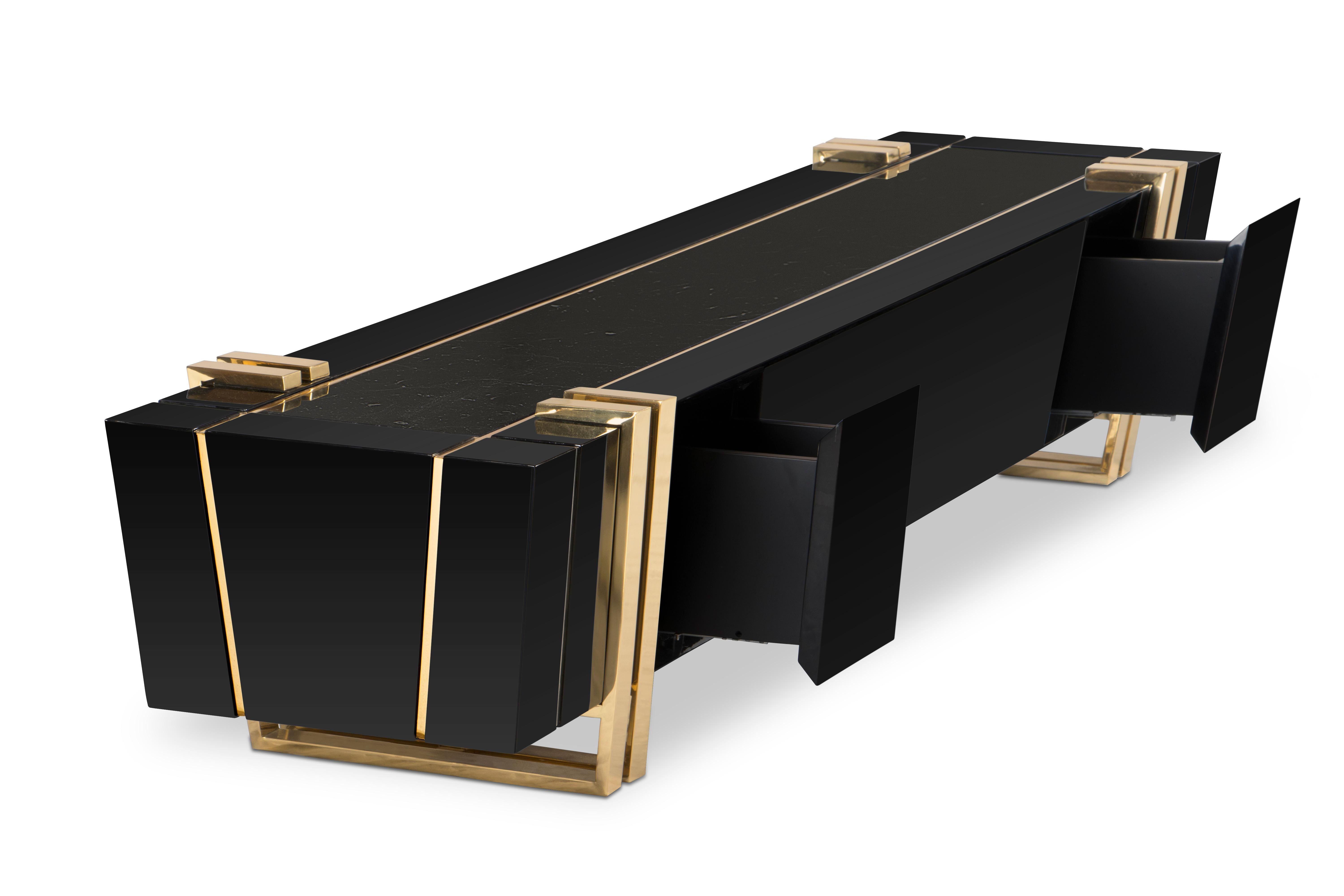 Modern Apotheosis TV Cabinet and Sideboard in Black Lacquer with Brass Detail For Sale