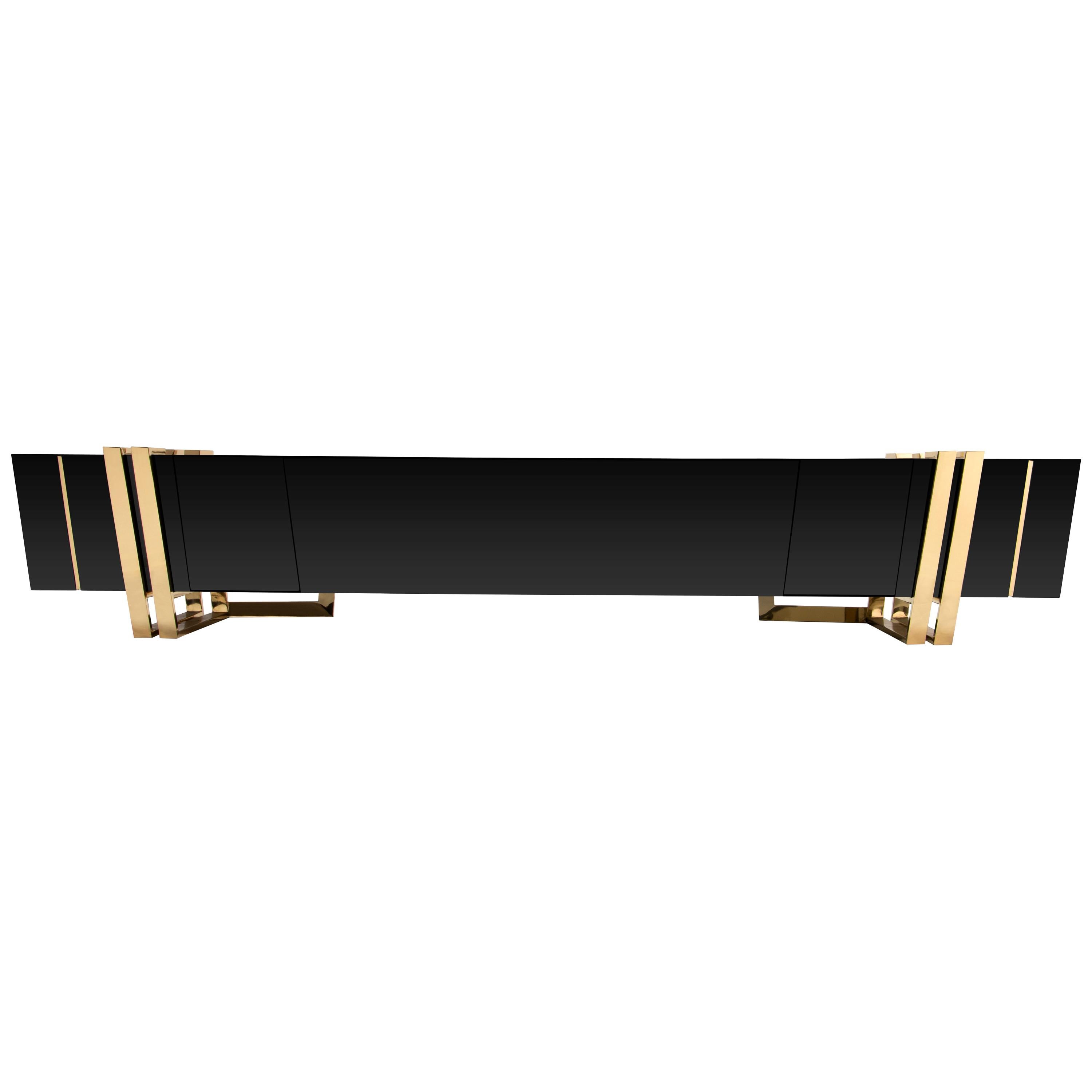 Apotheosis TV Cabinet and Sideboard in Black Lacquer with Brass Detail For Sale