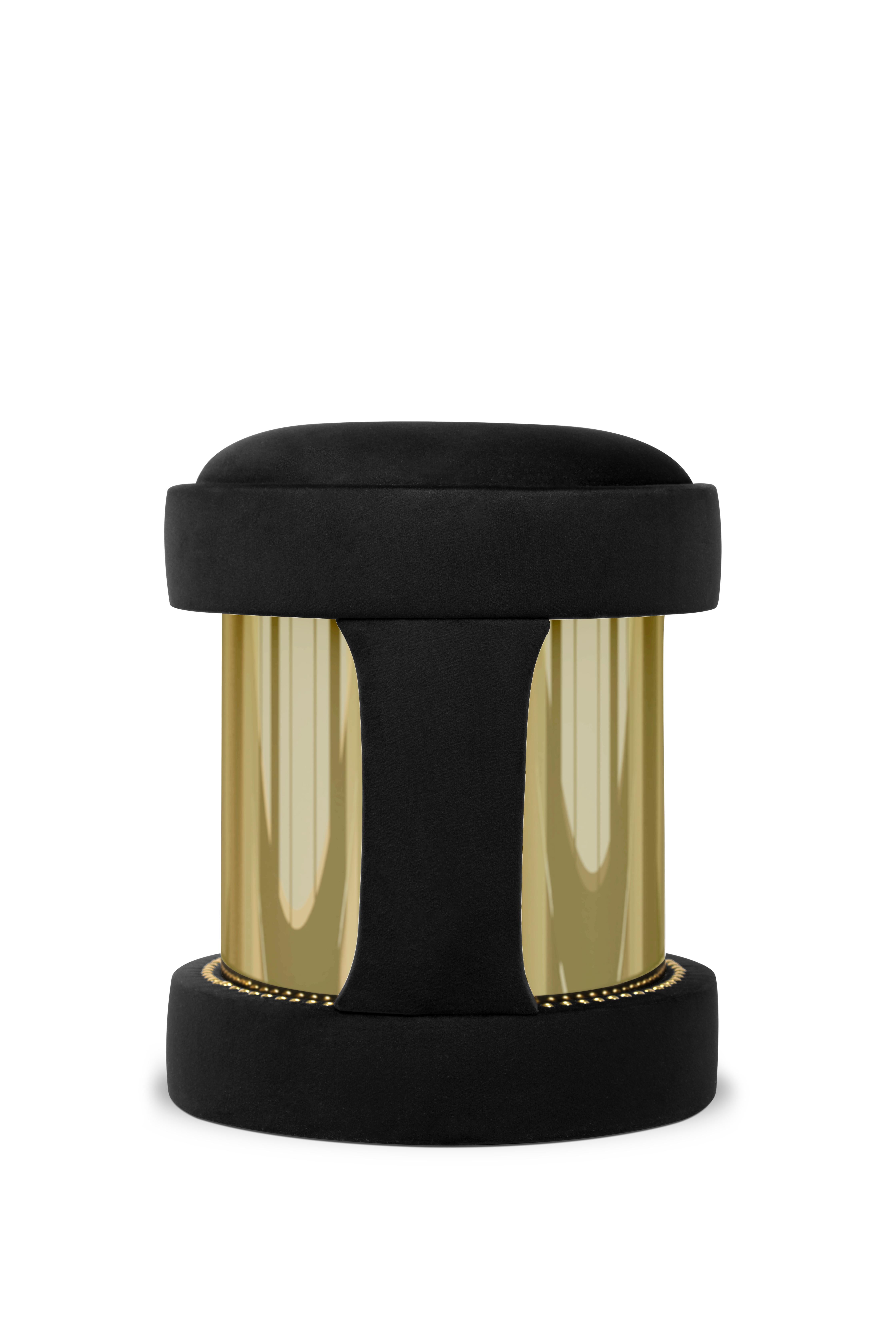 An upholstered delicacy emerging from the careful application of luscious black velvet touches and passionate design. Extra luxury feel is given by the gold plated brass finish to this marvelous stool, which will embellish the most sumptuous
