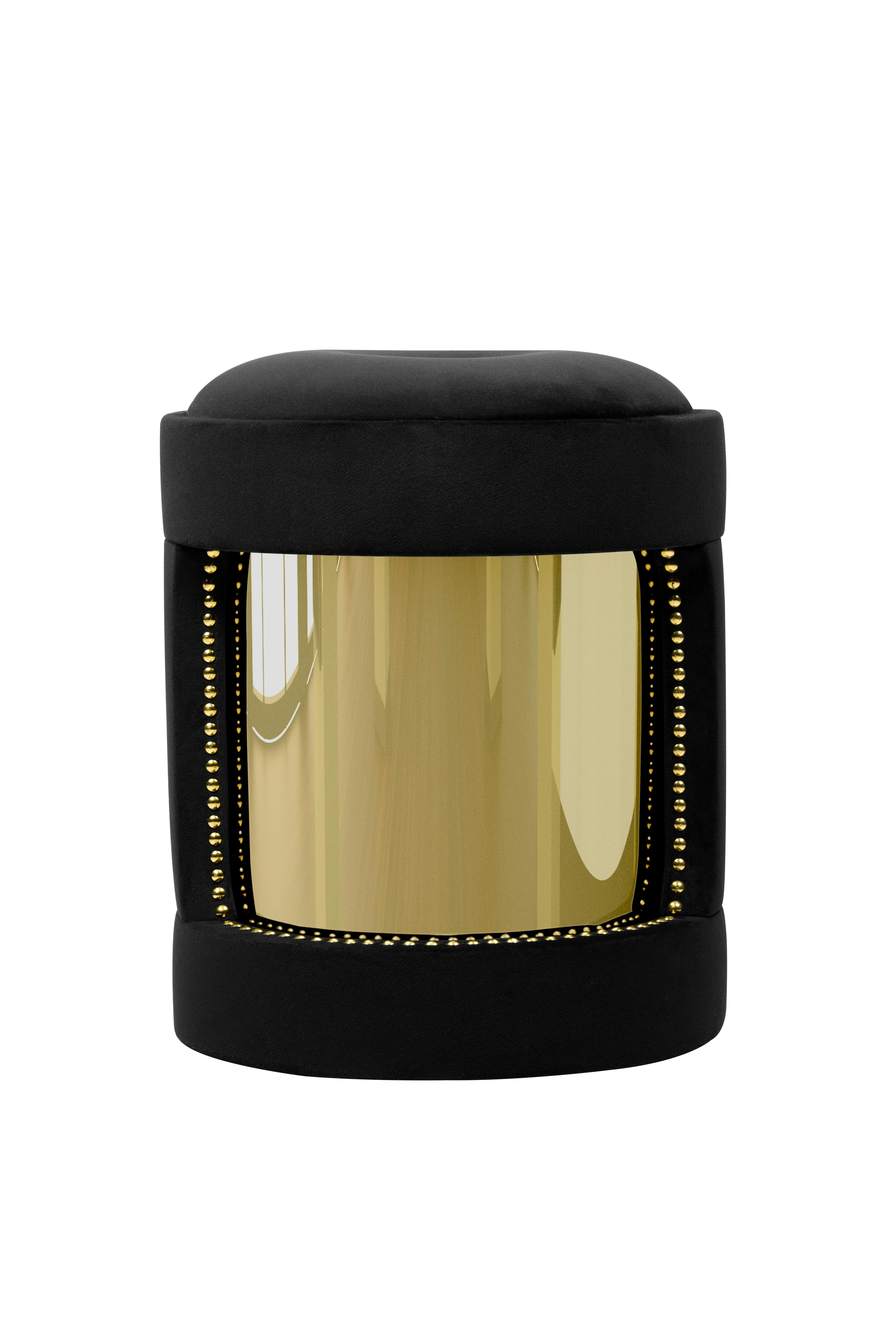 Modern Armour Round Stool in Black Cotton Velvet and Gold-Plated Brass For Sale