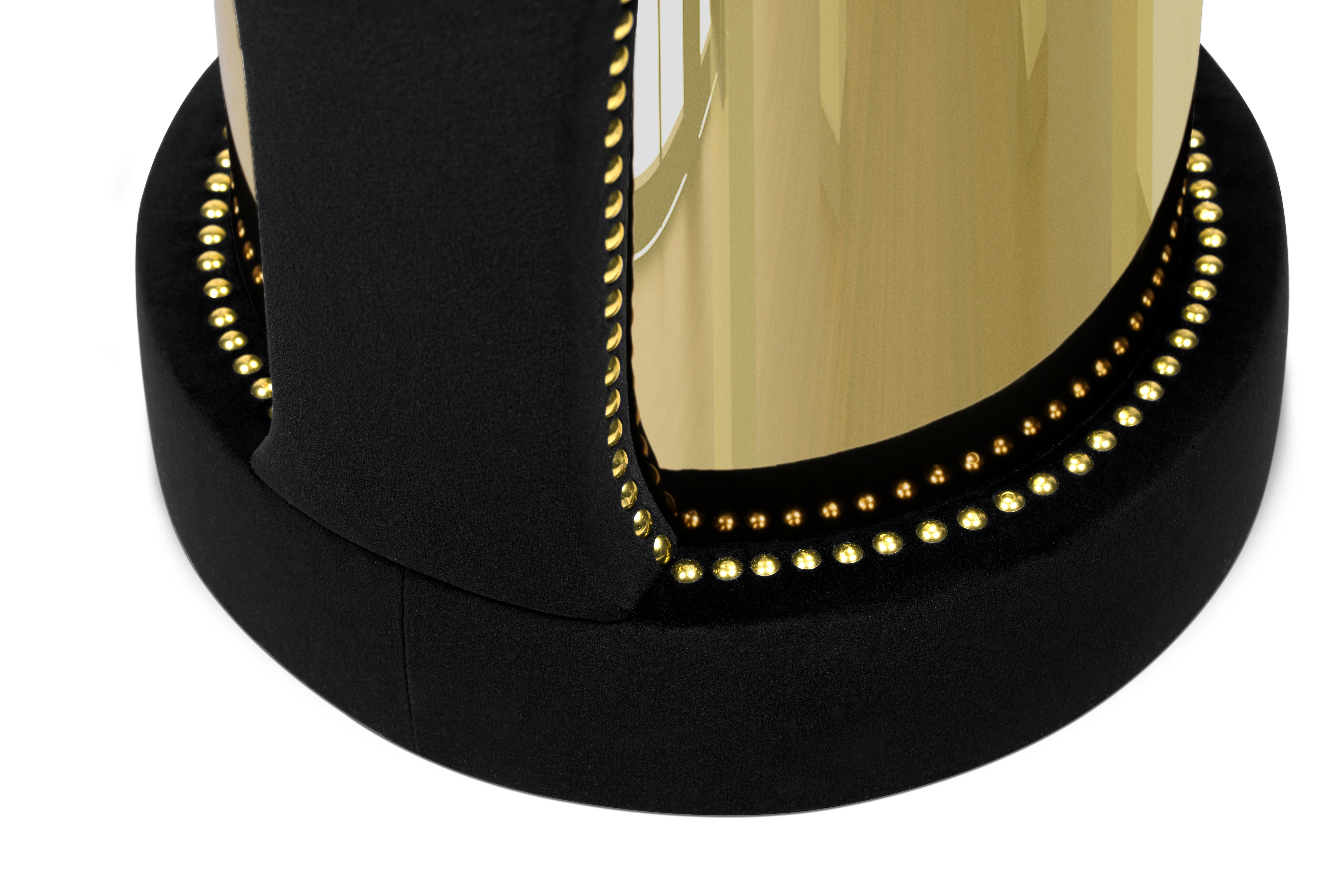 Contemporary Armour Round Stool in Black Cotton Velvet and Gold-Plated Brass For Sale