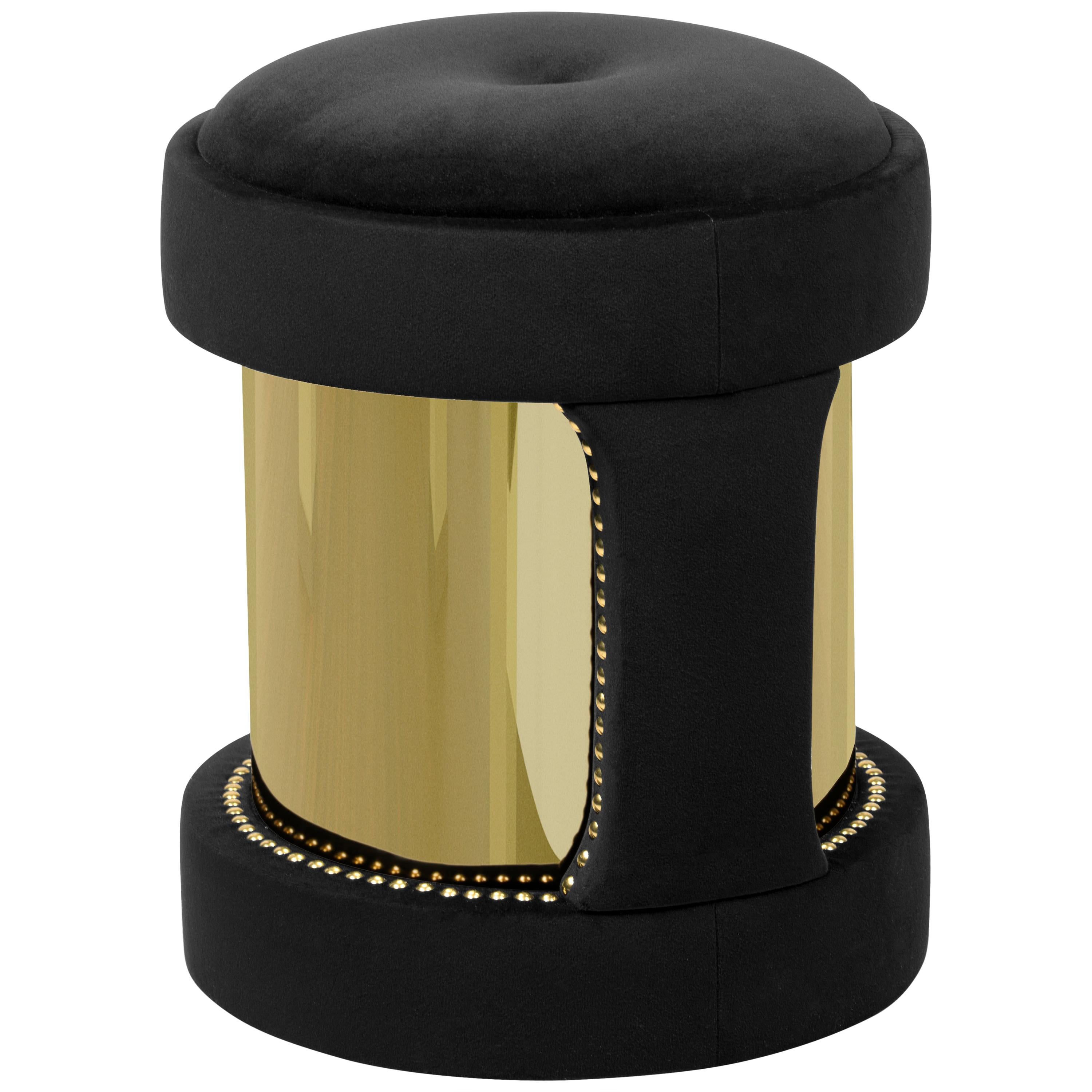 Armour Round Stool in Black Cotton Velvet and Gold-Plated Brass For Sale