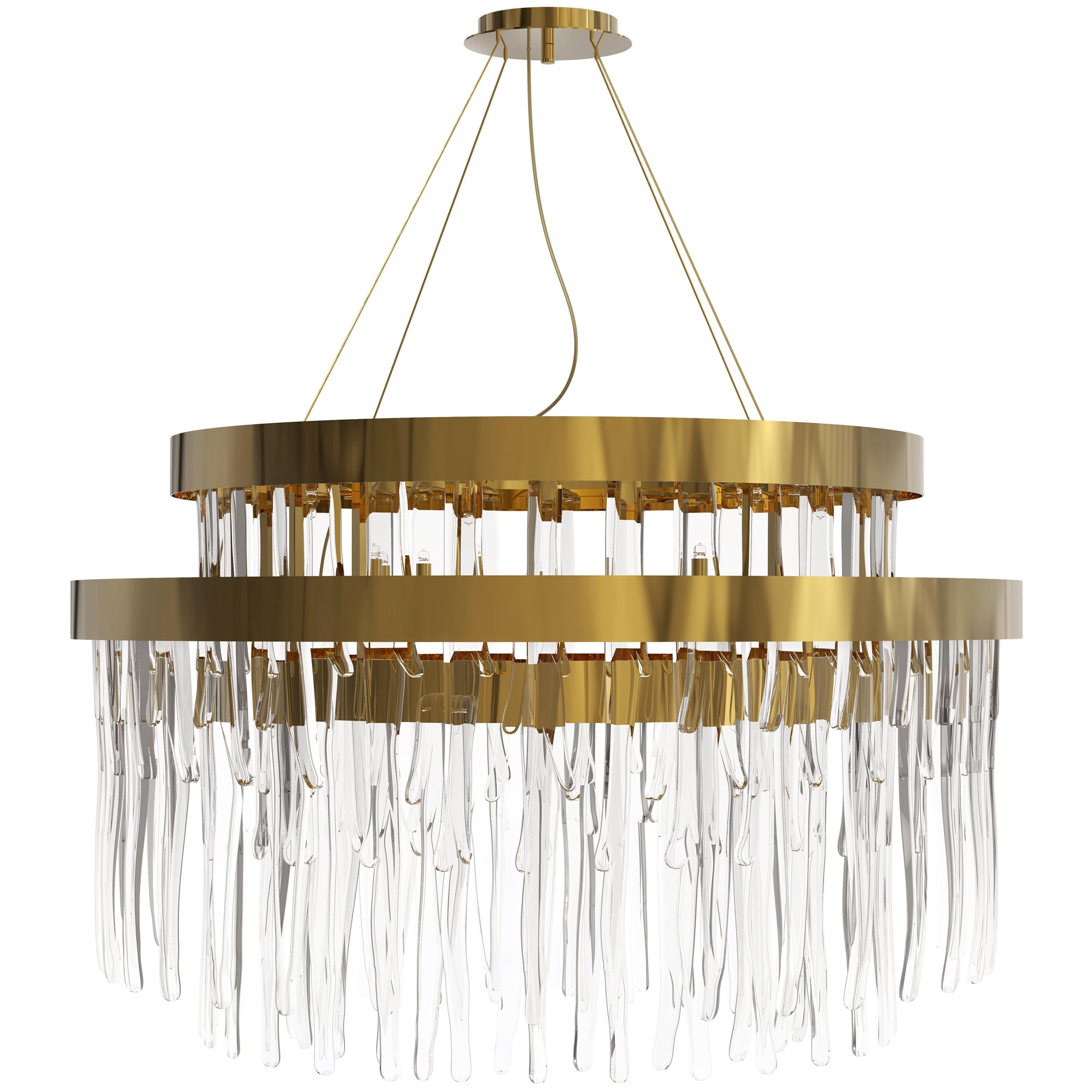 Luxxu Babel Round Chandelier with Brass Ring and Suspended Crystal Glass Details For Sale