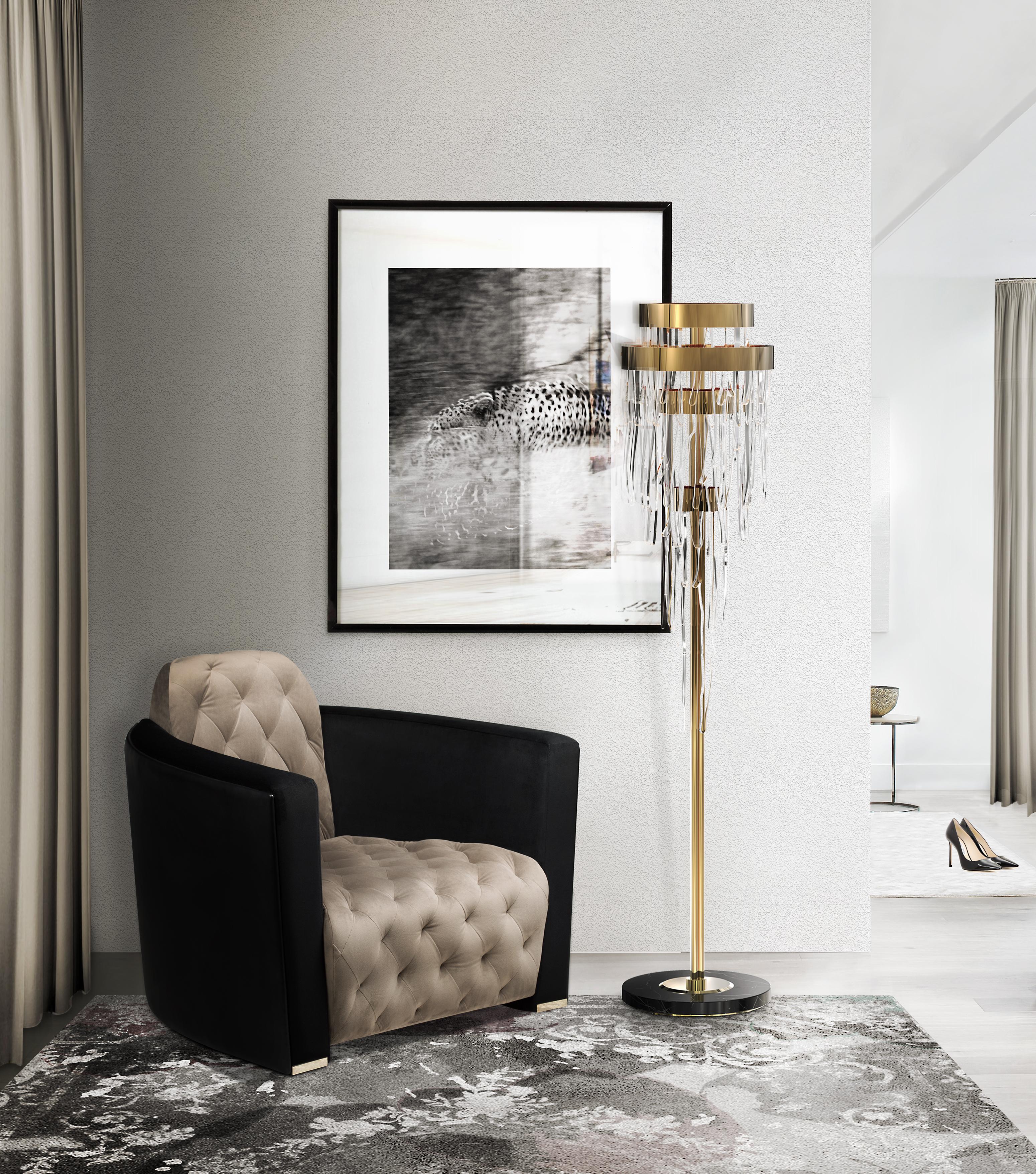 Contemporary Babel Floor Lamp with Brass, Marble, and Crystal Glass Details For Sale