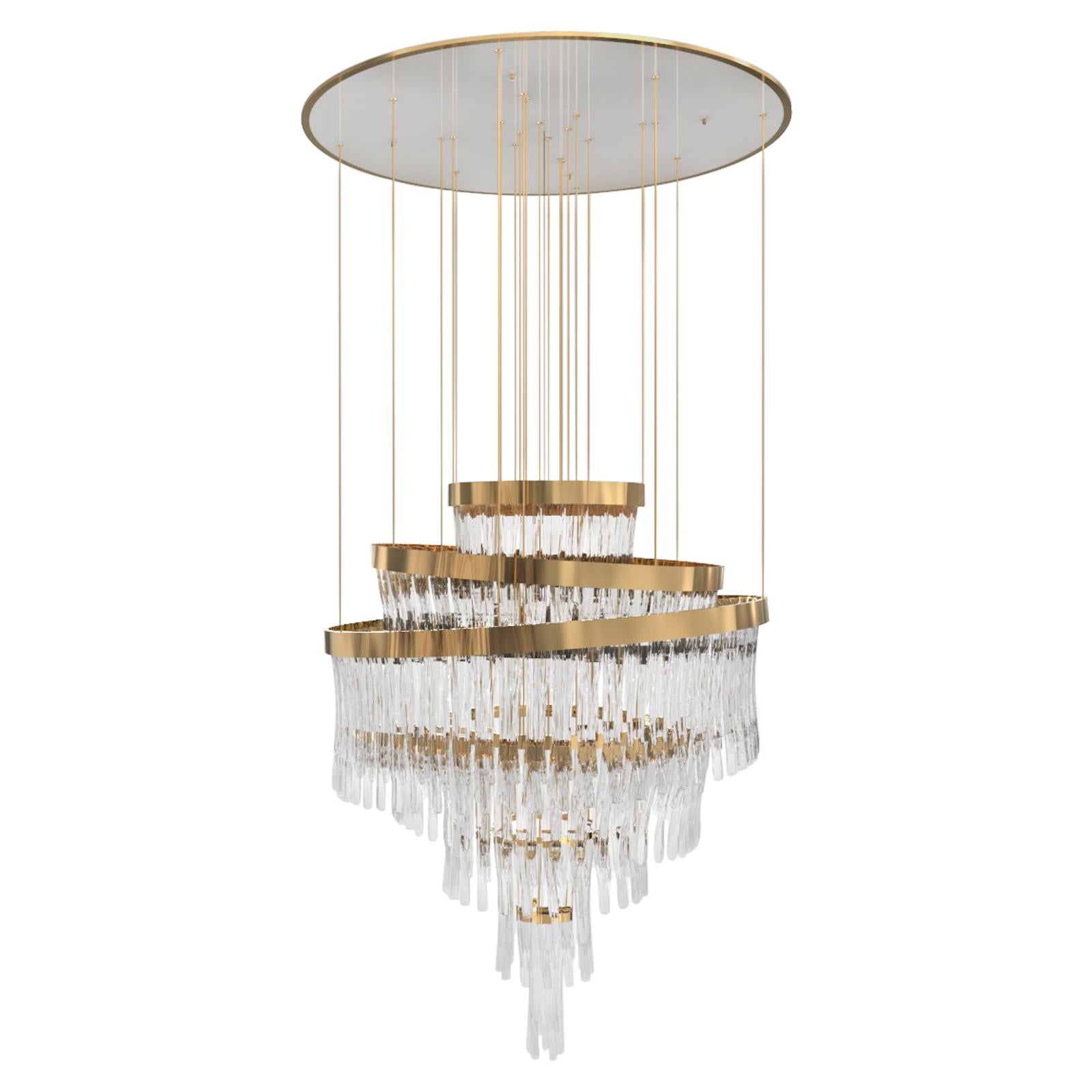 Babel Chandelier in Gold Plated Brass and Crystal Glass For Sale