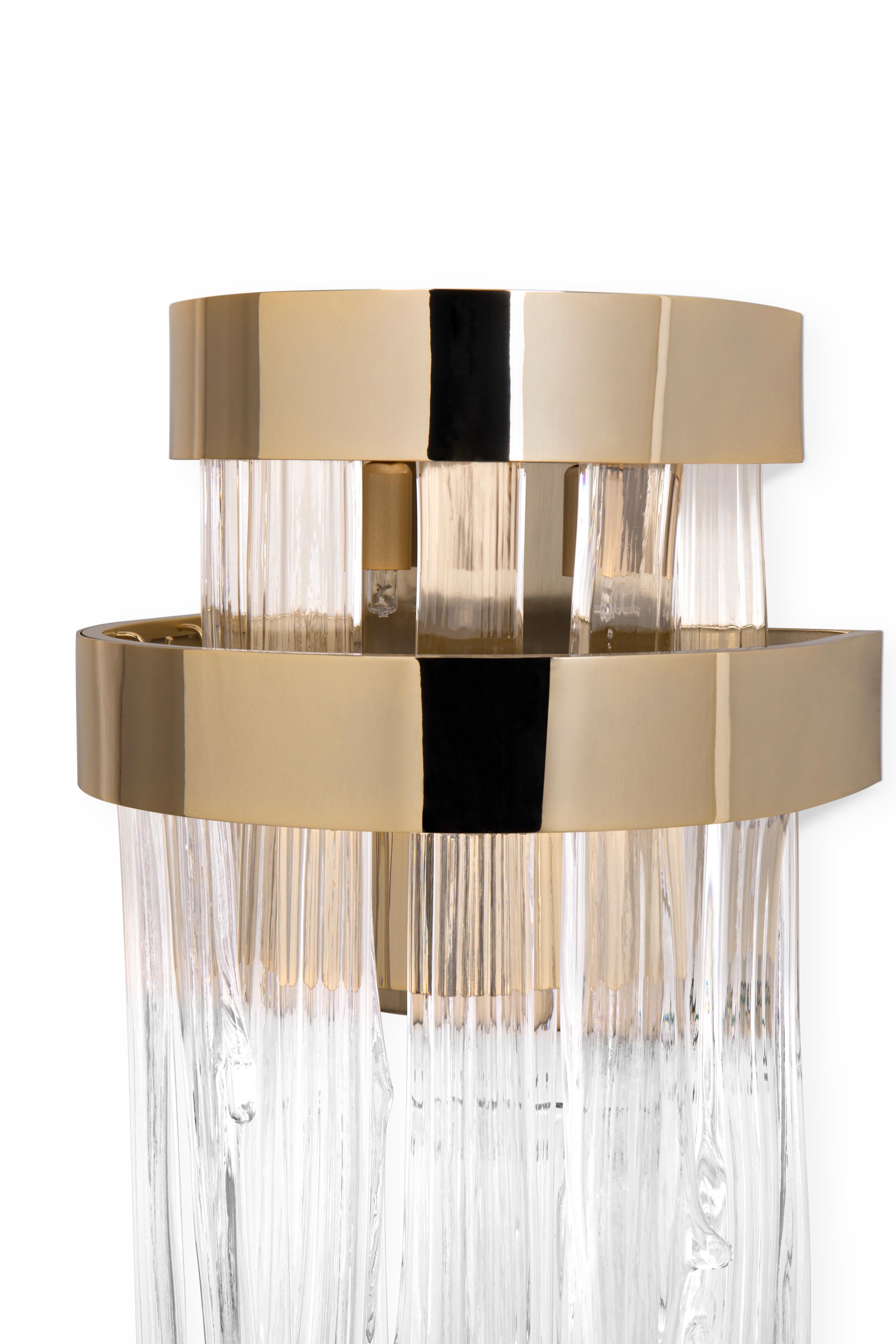 An original and exquisite décor fixture with an unmistakable presence, Babel wall lamp adds a classical appeal to any environment. The craftsman’s crystal work singularity shines back in the circular surfaces where smooth, glamorous shades are