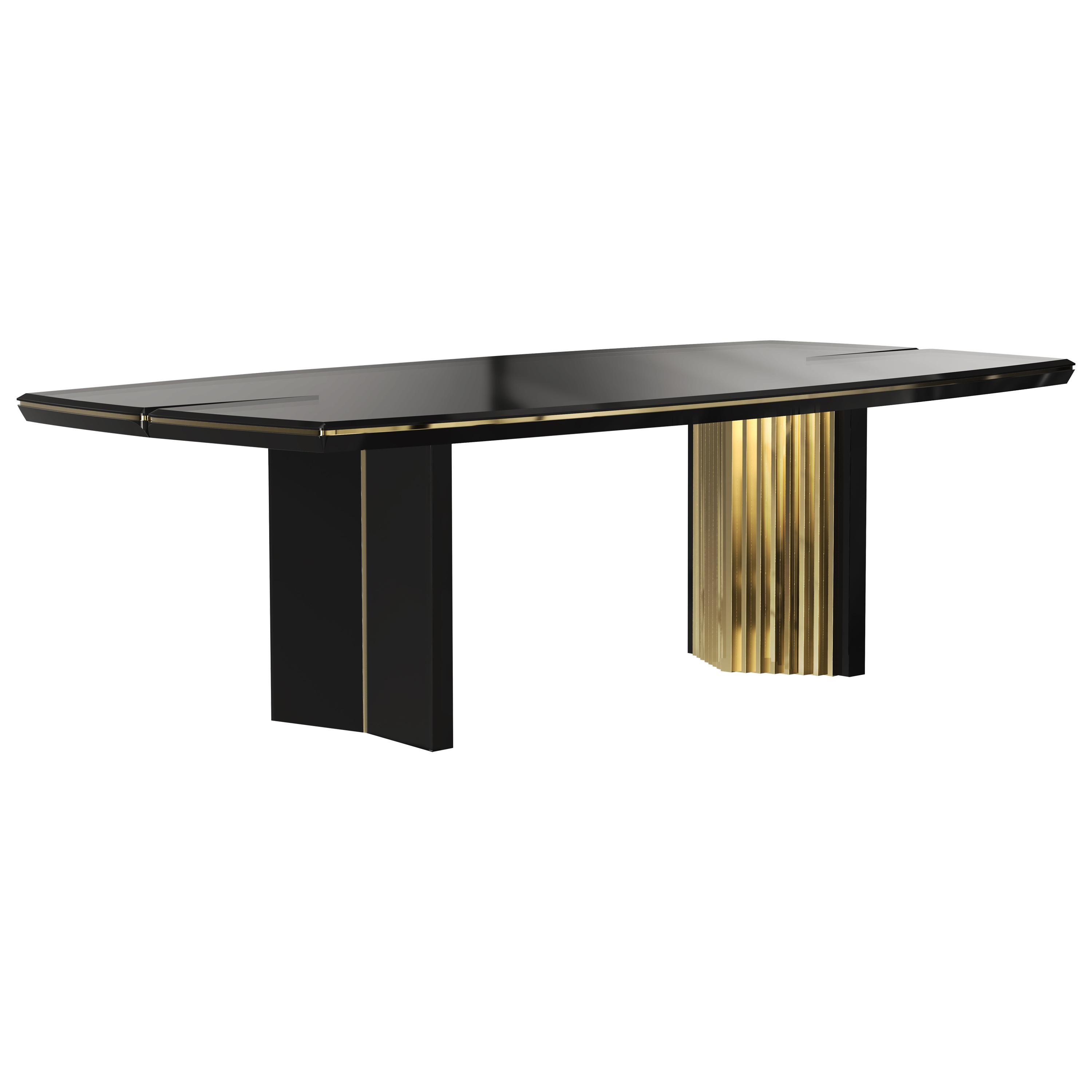 Luxxu Beyond Dining Table in Black Wood with Brass Detailed Base For