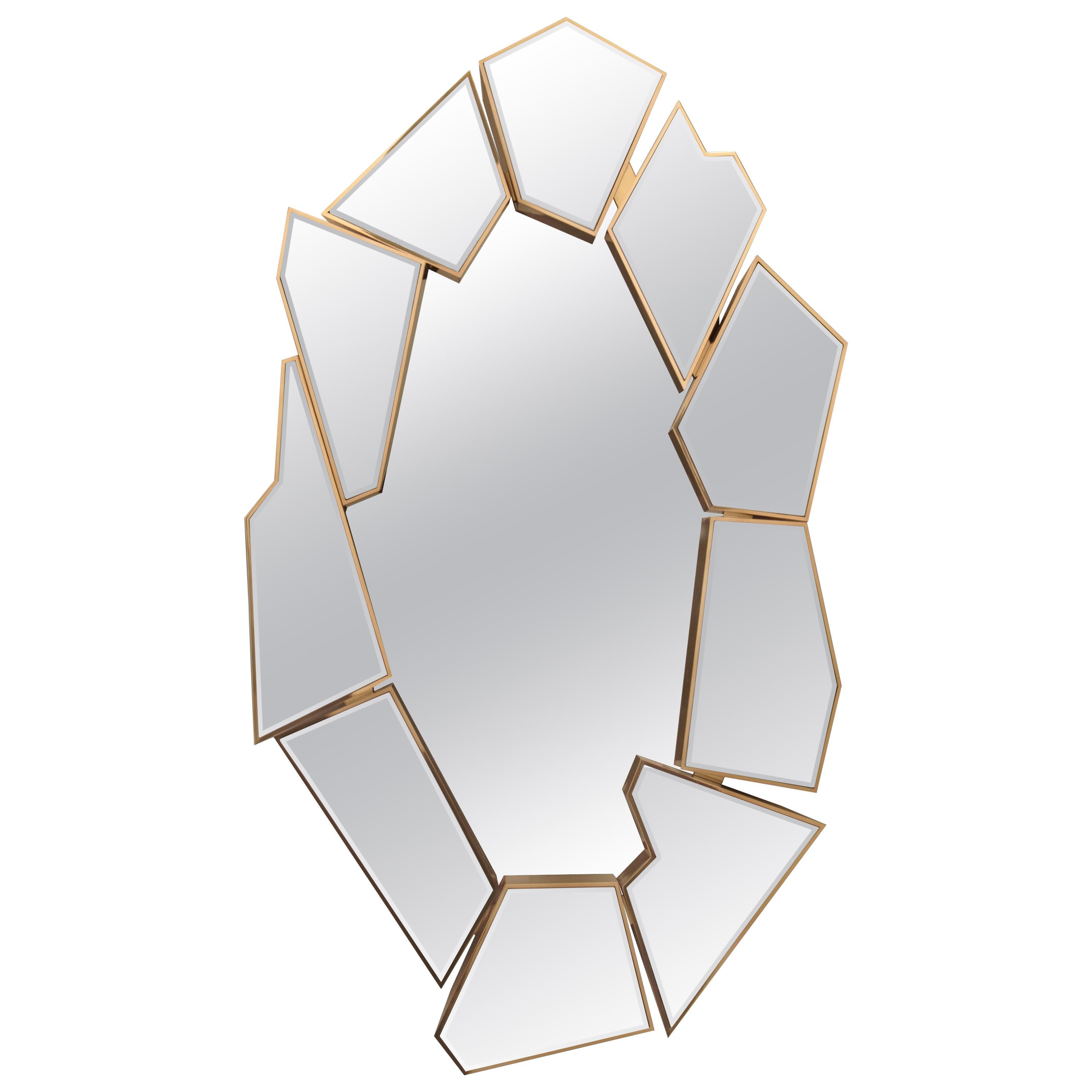 Crackle Mirror in Smoked Glass and Gold-Plated Brass For Sale