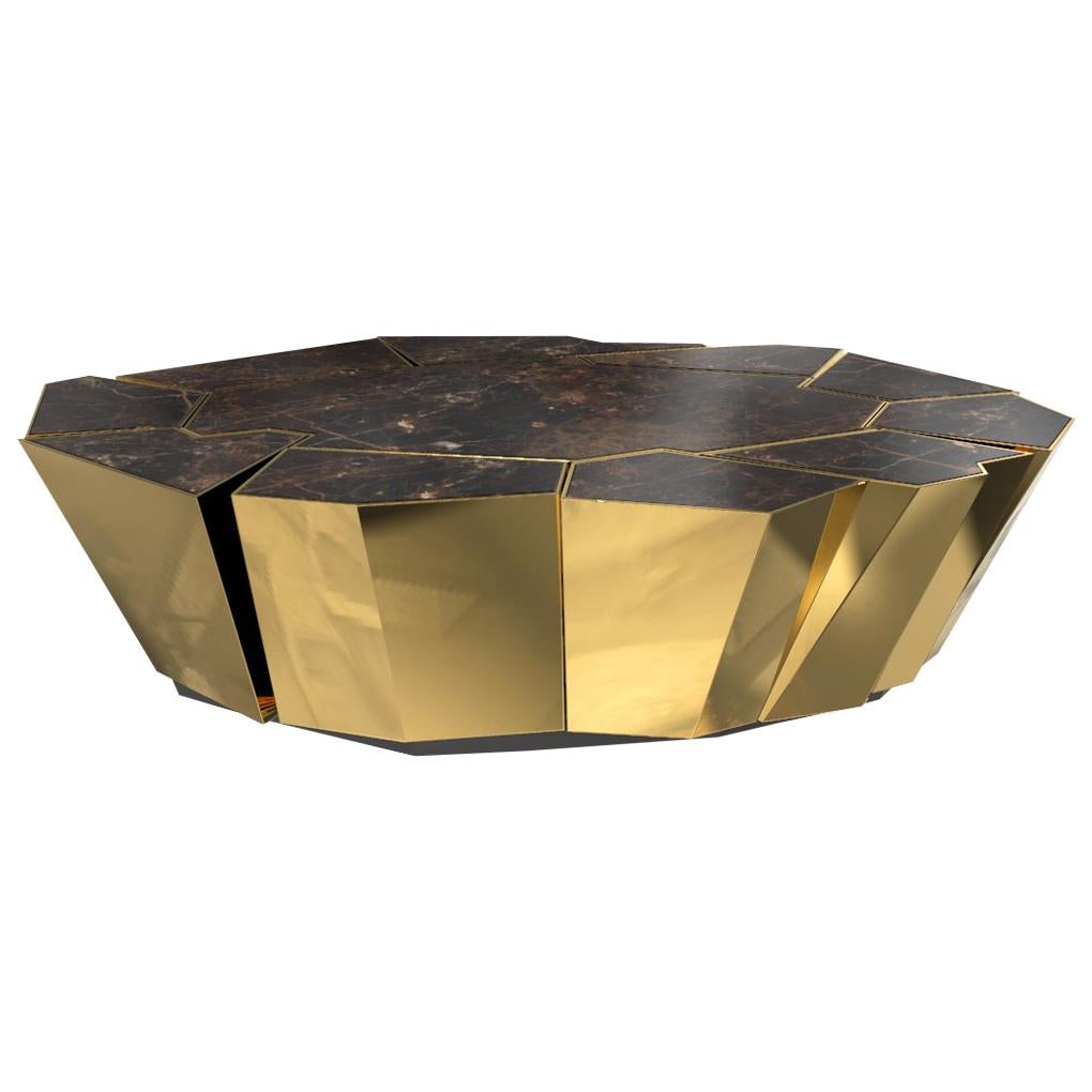 Crackle Coffee Table with Brass Base and Black Marble Top
