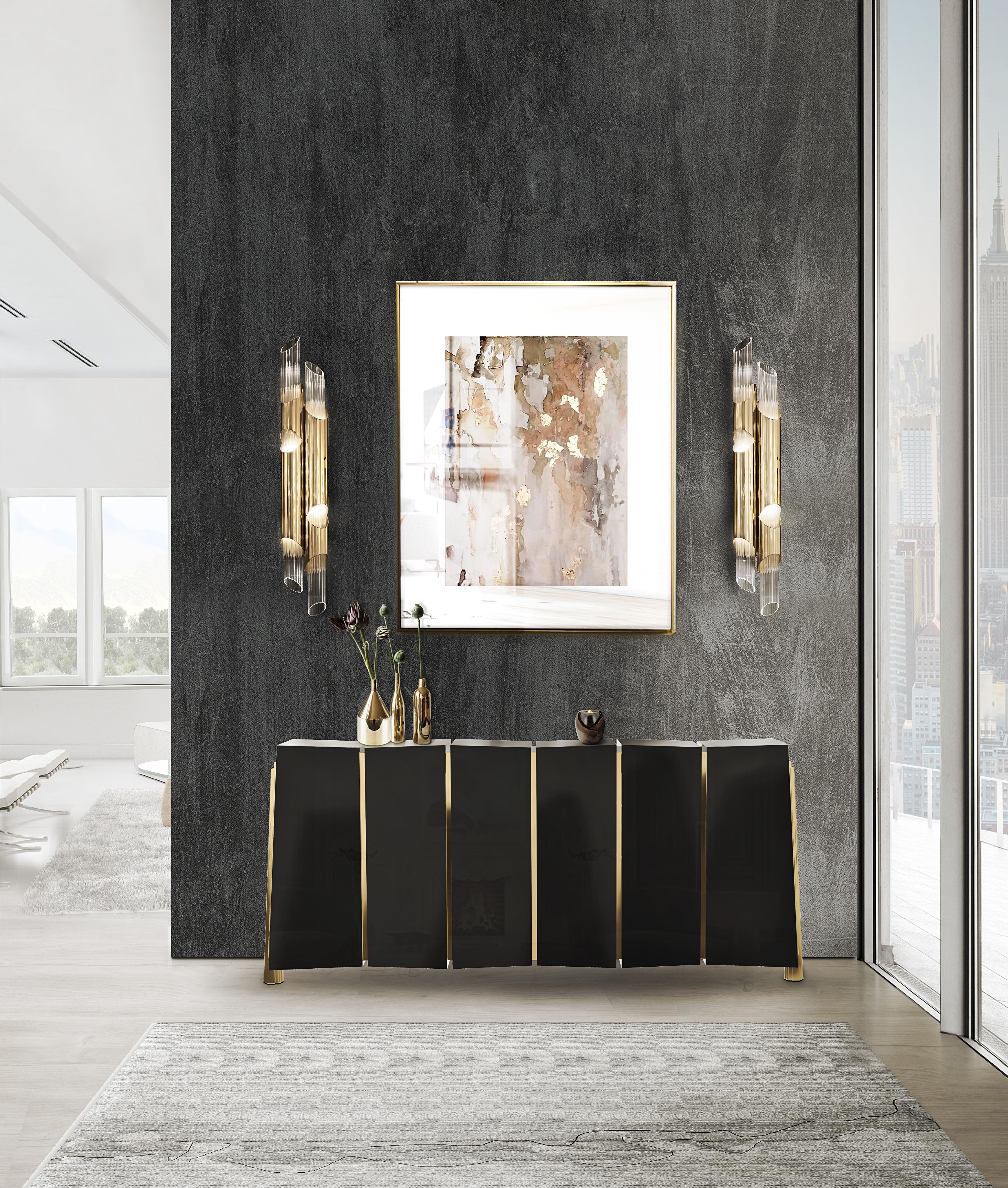 Contemporary Darian Sideboard in Black Lacquer with Gold-Plated Brass Detail For Sale