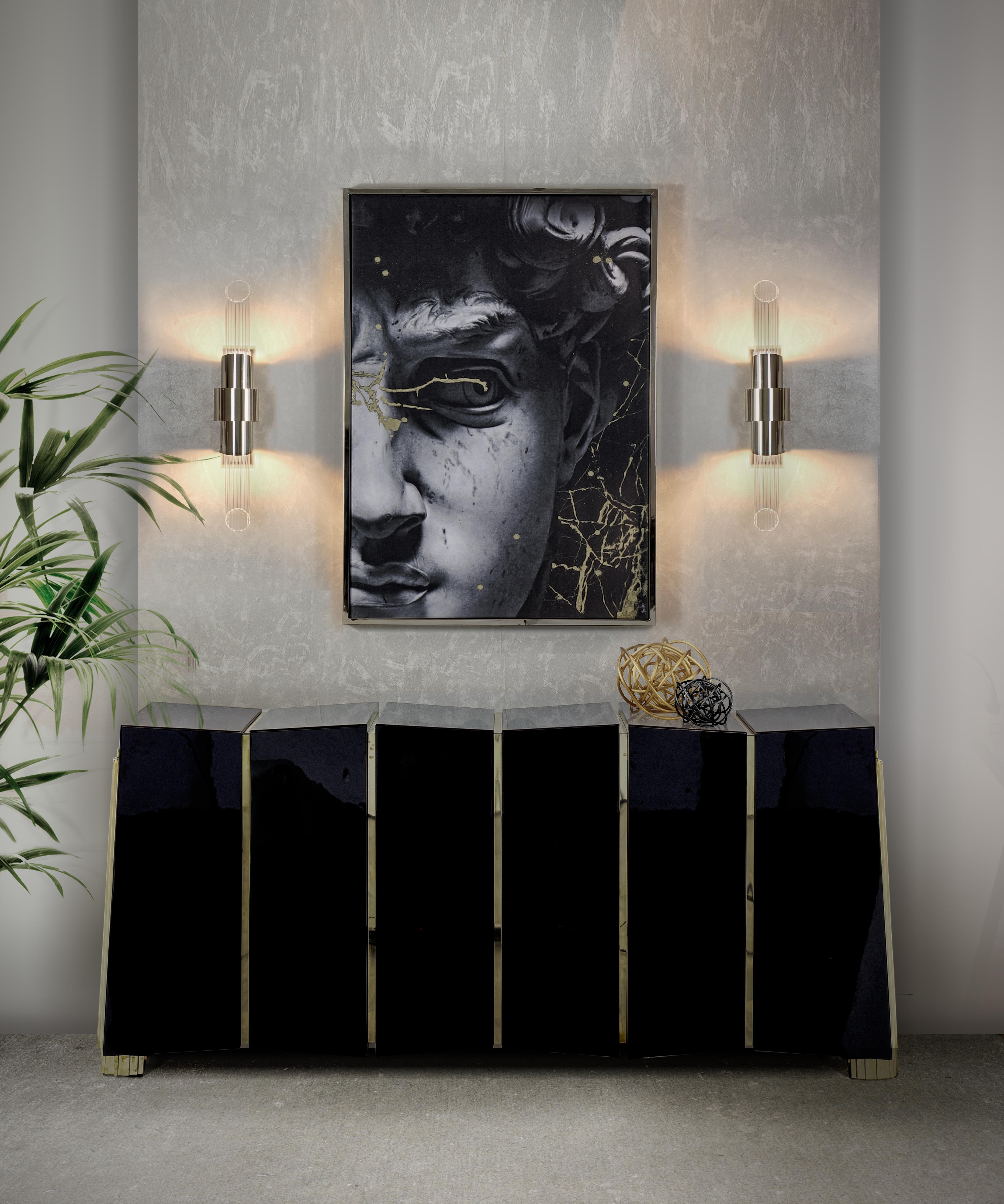 Wood Darian Sideboard in Black Lacquer with Gold-Plated Brass Detail For Sale