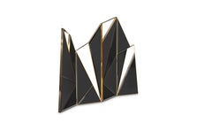 Delta Folding Screen in Black Lacquer Wood and Leather Panels with Brass Details