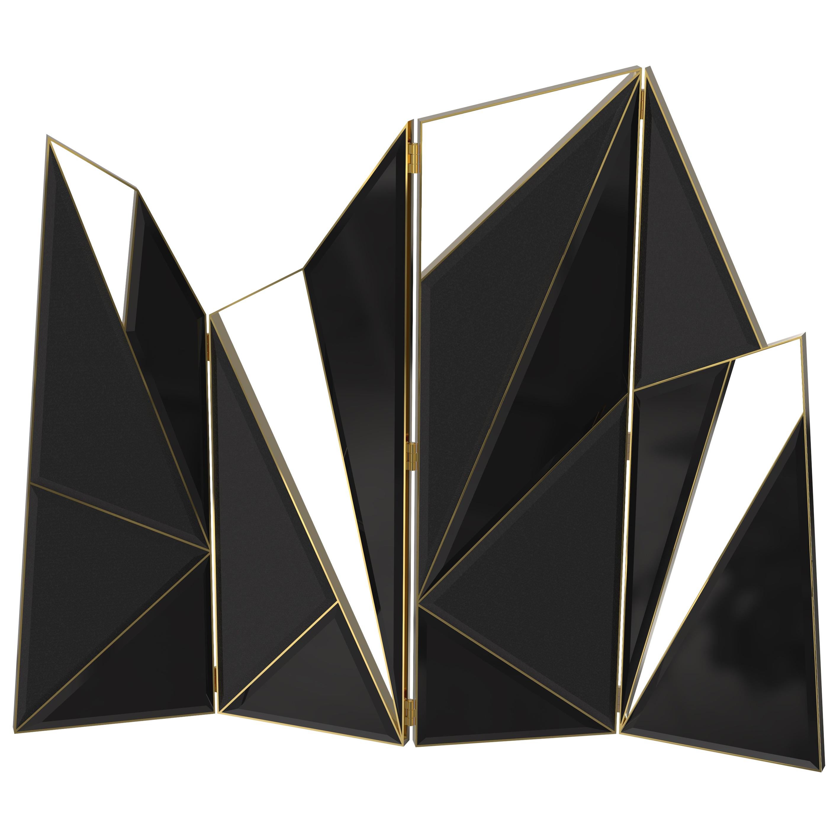 Delta Folding Screen in Black Lacquer Wood and Leather Panels with Brass Details For Sale