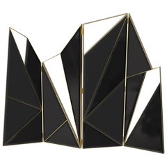 Delta Folding Screen in Black Lacquer Wood and Leather Panels with Brass Details