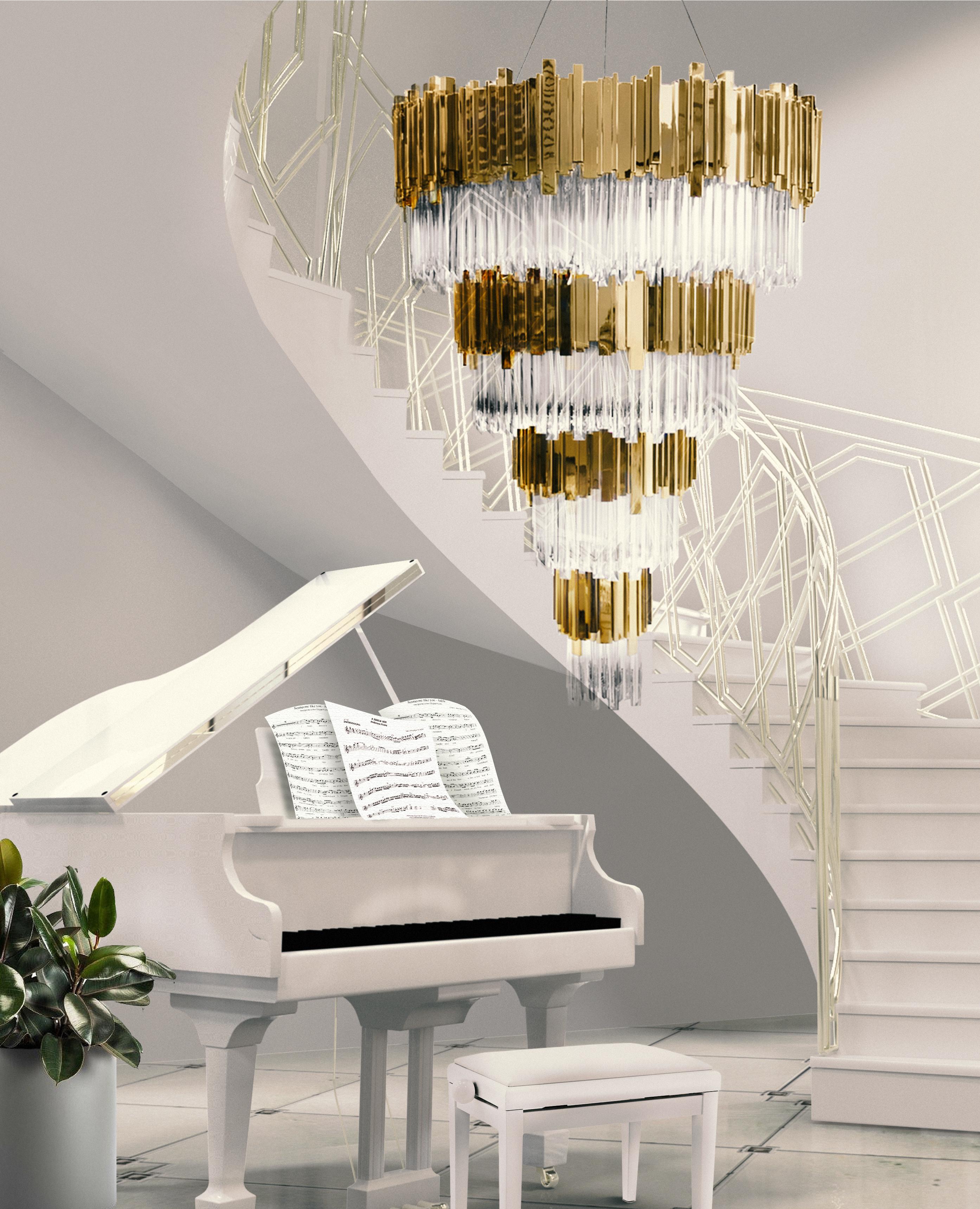 Modern Empire Chandelier in Cascading Brass and Crystal Glass Layers For Sale
