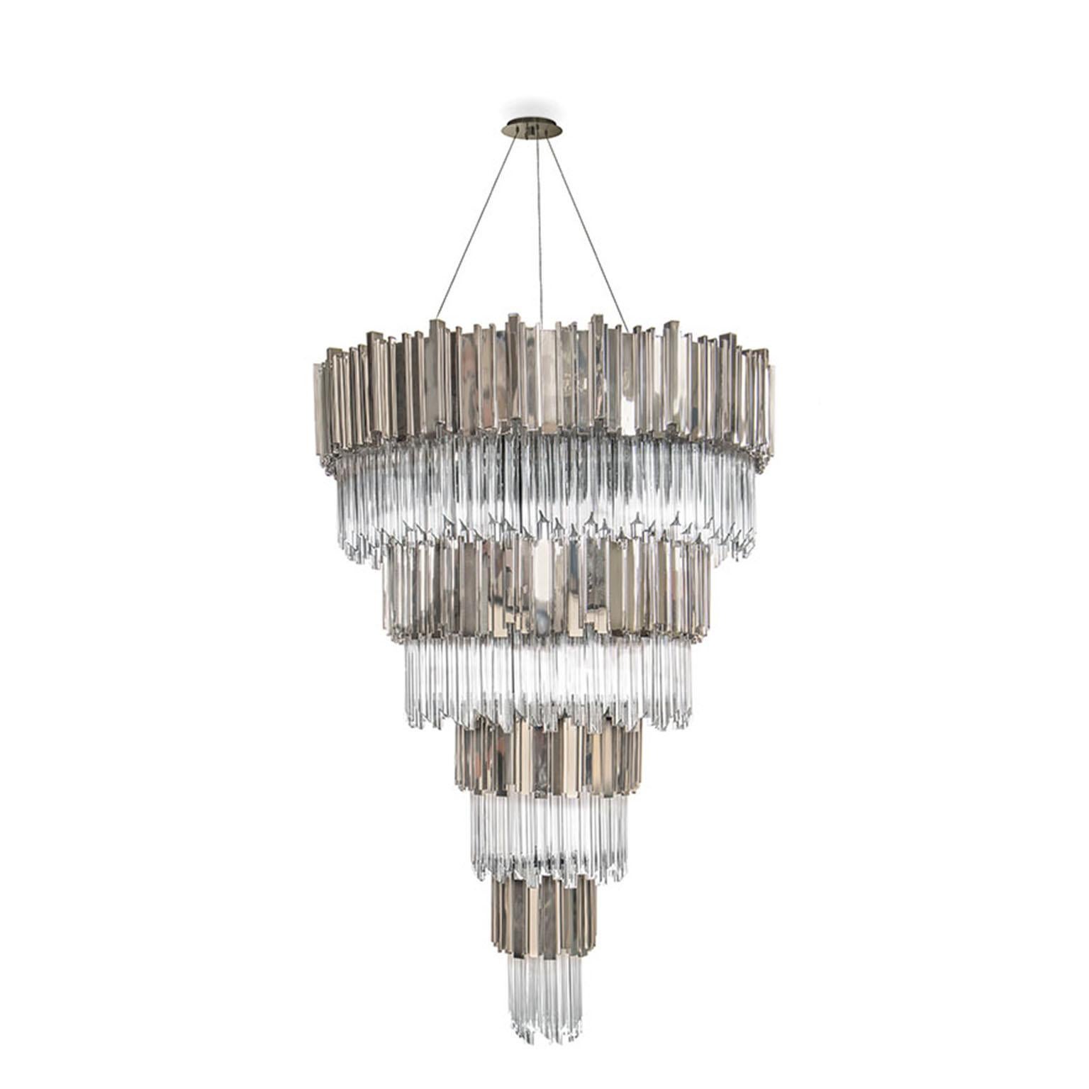 Portuguese Empire Chandelier in Cascading Brass and Crystal Glass Layers For Sale